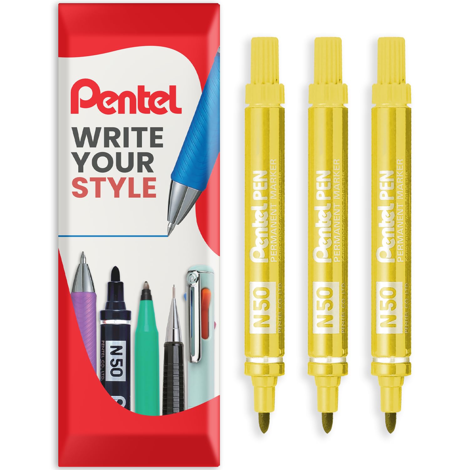 Pentel N50 Fine Permanent Marker - 4.3mm Bullet Tip - Multi Surface Use - Cardboard, Metal, Wood, Plastic & Glass Marker Pens - In Envelope Gift Packaging - Pack of 3 (Yellow)