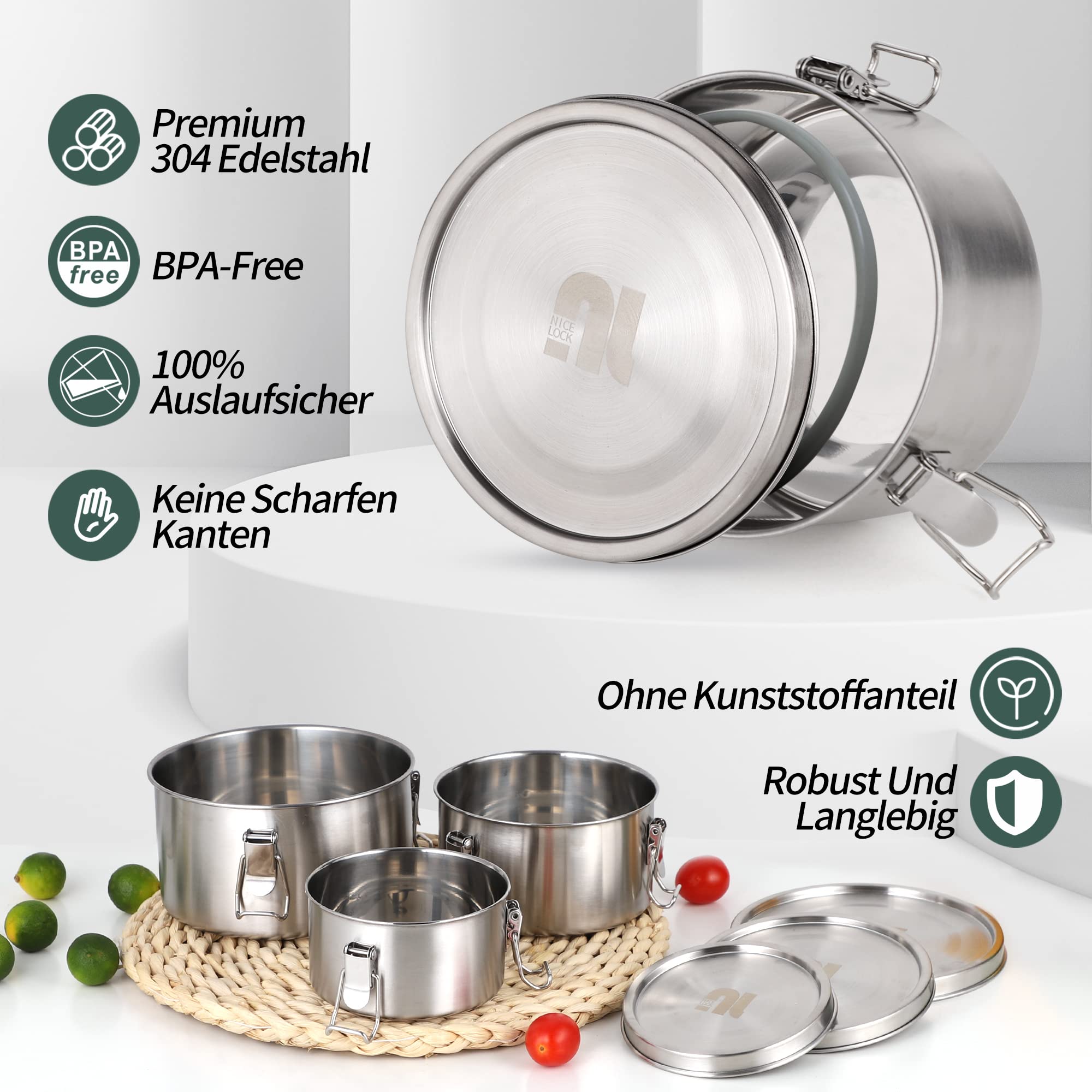 nicelock Fiambrera con separación (3 unidades) para adultos y niños, fiambrera de acero inoxidable, adecuada para aperitivos, frutas, cereales, sopas y comidas principales, etc.