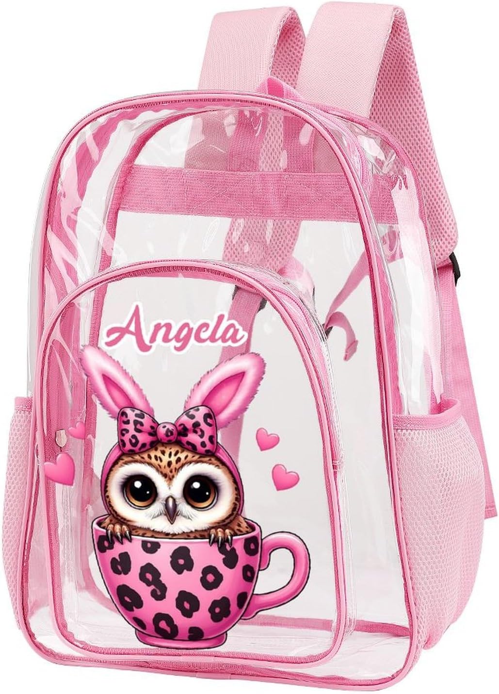 Clear Daypack for Kids Adults with Name Custom, Multifunctional Owl Leopard Print Bow Cup Transparent Backpack for College, Workplace, Personalized Back to School Gifts - Image 2