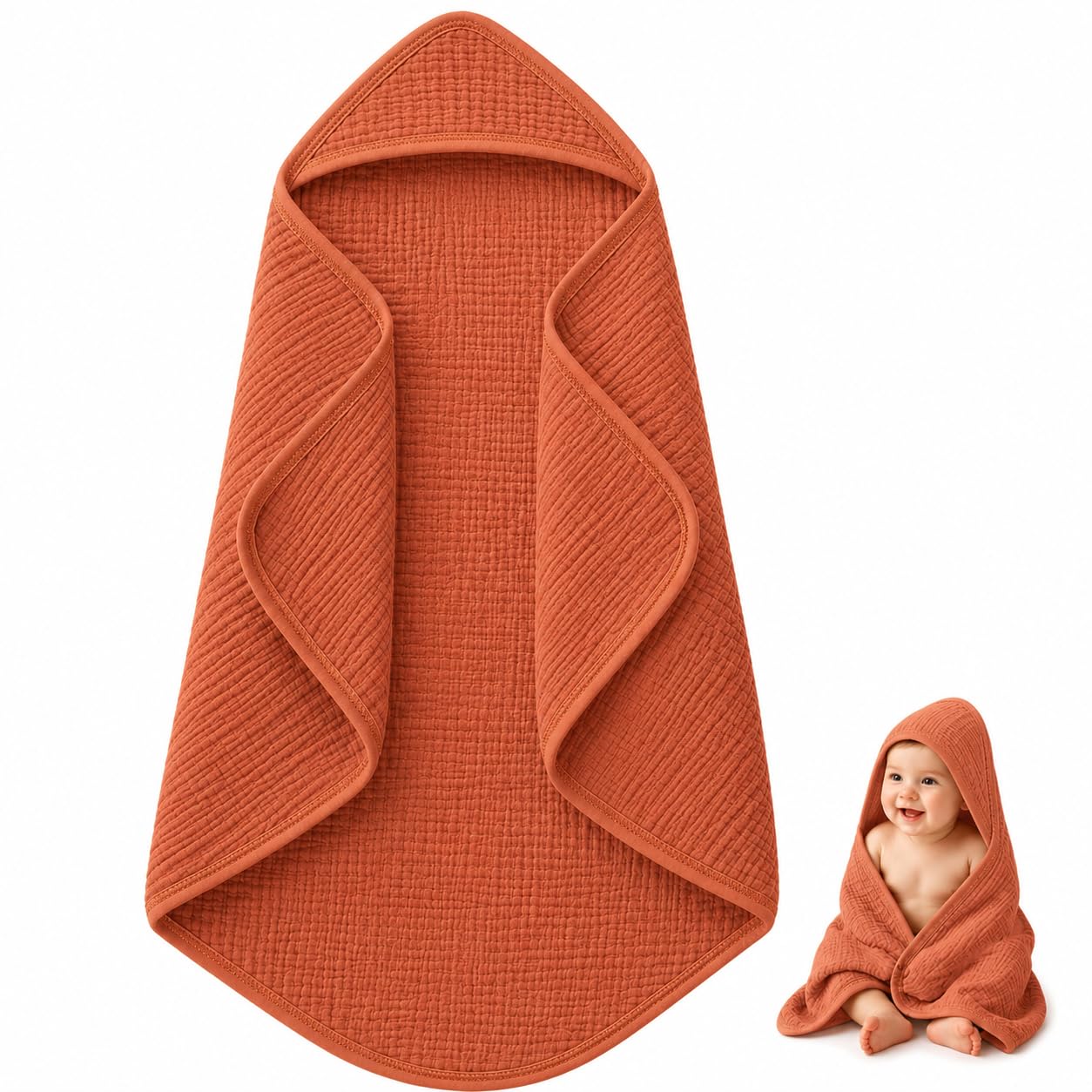 Baby Hooded Bath Towel 100% Cotton Muslin 76x76 cm, 0-3Y, Newborn | Breathable, Lightweight,100% Muslin Cotton-image-46