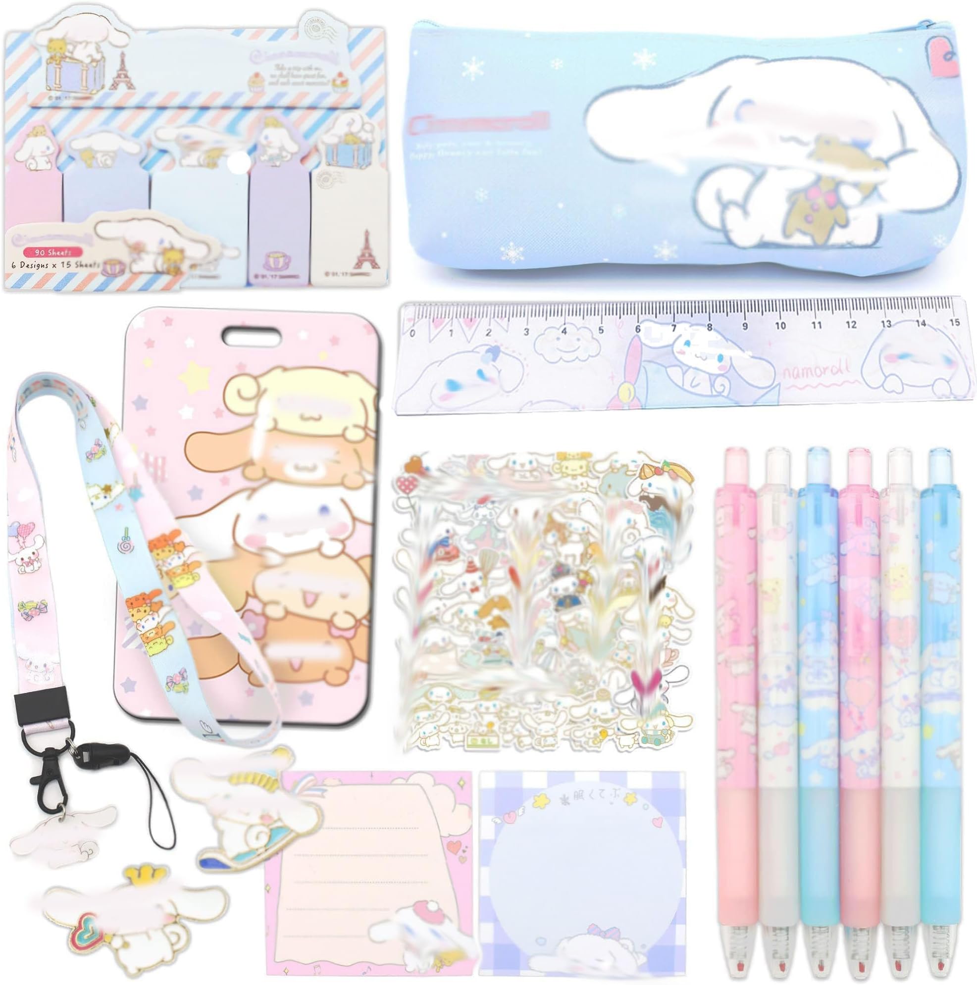 Colorful School Supplies Set, Includes Pencil Case, Roller Ball Pens, Ruler, Notepads, Adhesive Stickers, Pins, Neck Cord with ID Holder