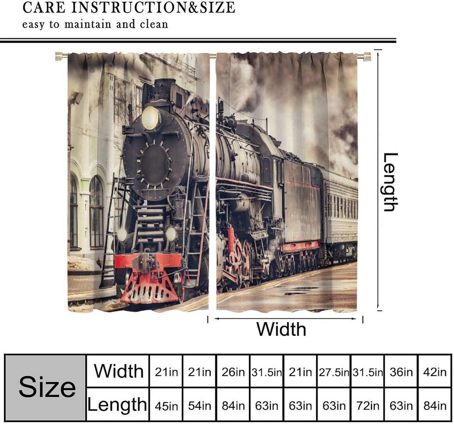 Old Train Blackout Curtains,Steam Train Antique Engine Railways Pattern Window Curtains for Bedroom Dining Room Living Room Kitchen Cafe Office Drapes, 42x63 in