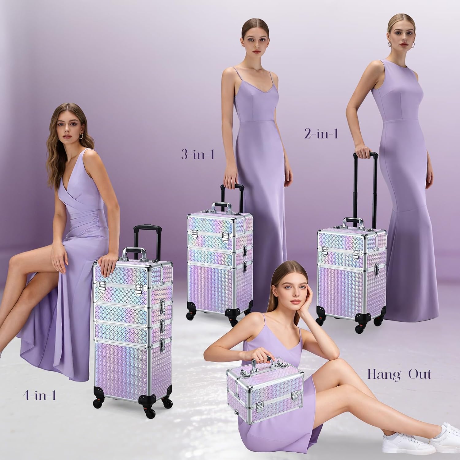 Stagiant Rolling Makeup Case Cosmetology Case on Wheels 4 in 1 Makeup Travel Case Extra Large Cosmetic Box with Key Make Up Artist Traveling Storage Nail Case Salon Barber Cart Trunk Pinkish Purple