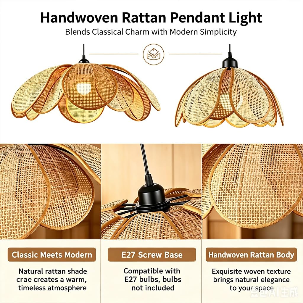 E27 Pendelleuchte Aus Japanischem Rattan Handgewebt, Blütenförmig Im Bohemian-Stil Höhenverstellbare Natürliche Dekobeleuchtung Für Kücheninsel Wohnzimmer Esszimmer Flur Restaurant