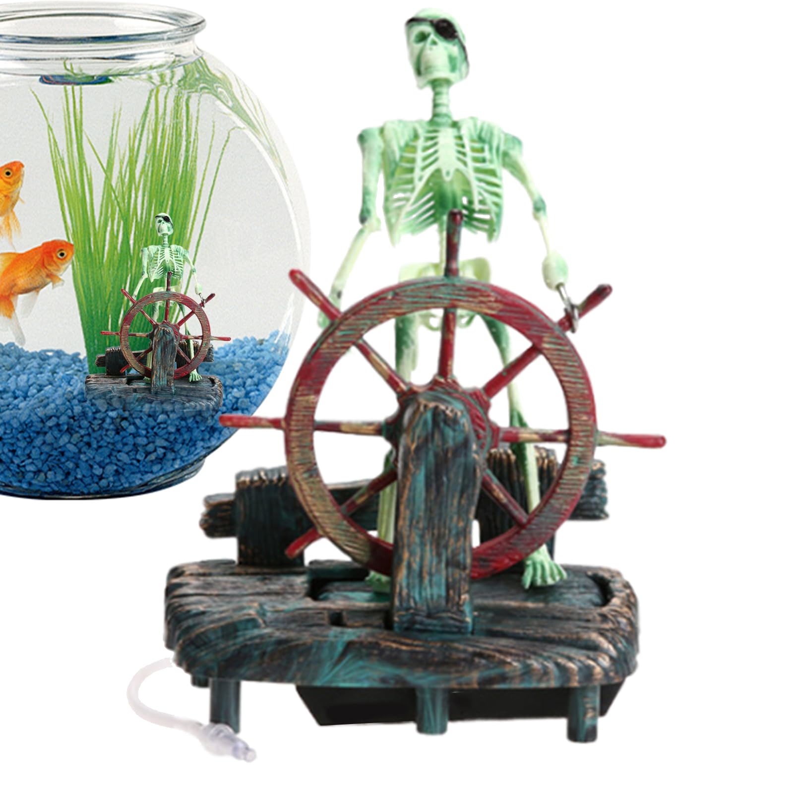 Skeleton Fish Tank Ornament - Spooky Pirate Decor, Skull Bubbler Statue, Creepy Tank Accessory | Hand-painted Skeleton With Steering Wheel, Haunted Pirate Aquarium Decoration Theme Design For Home, Fi