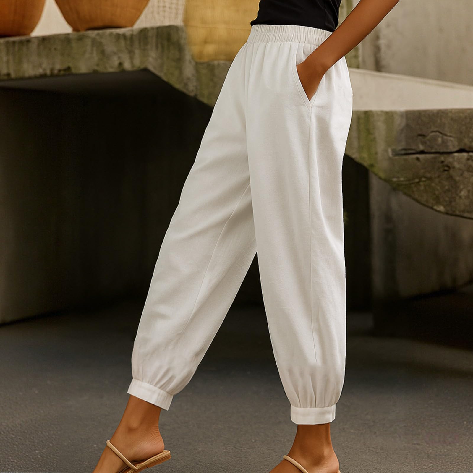 Cocila Pantalon Ete Femme Leger en Coton pour Femme Coupe Ample Et Décontractée Taille Élastique Style Sarouel De Plage D Ete Léger Fluide Travail Jogging Chic Large Grande Élastique Bas