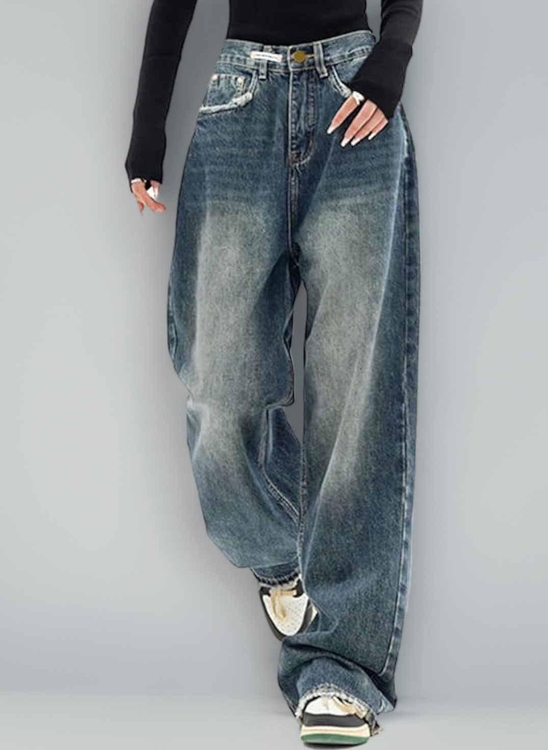 EMMIOL Women's Wide Leg Jeans Distress Adjustable Waist Denim Pants Vintage Y2K Trousers