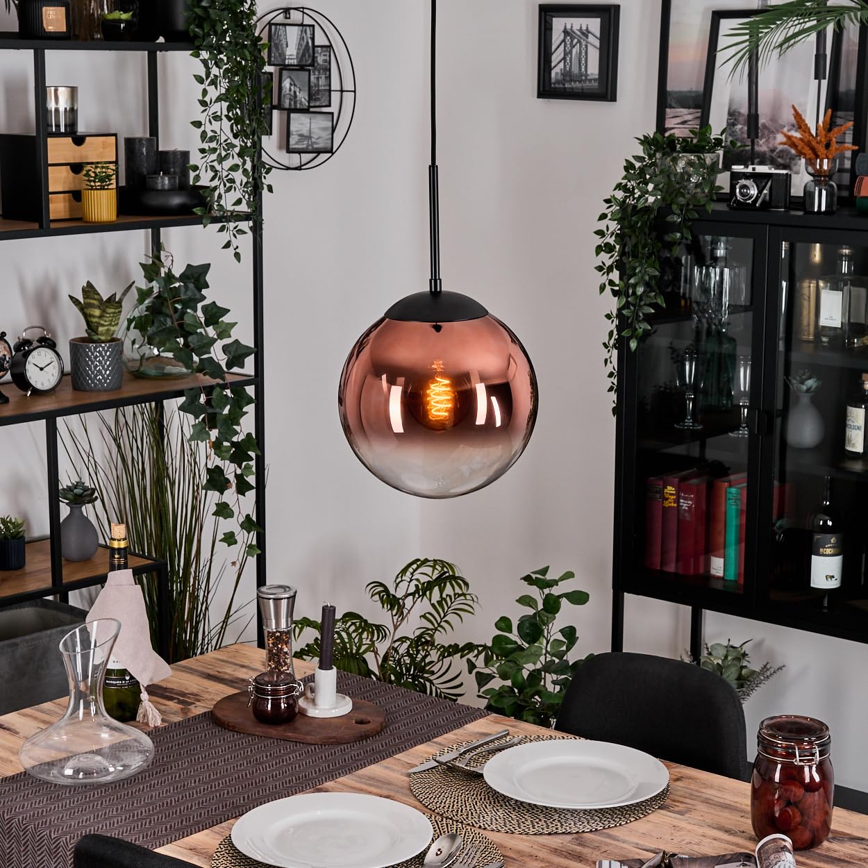 HOFSTEIN Gastor Pendant lamp, 1-Light Pendant lamp Made of Metal/Glass in Black/Copper/Clear, Retro/Vintage Design (Ø 25cm), E27, Pendant lamp max. 154cm, Dining Room, Living Room, Kitchen