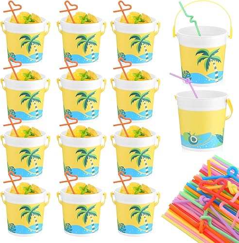 Yaomiao Cubos de plástico de 32 onzas para ron de cóctel para bebidas con 100 pajitas coloridas, cubos de bebidas portátiles para fiestas, cuencos