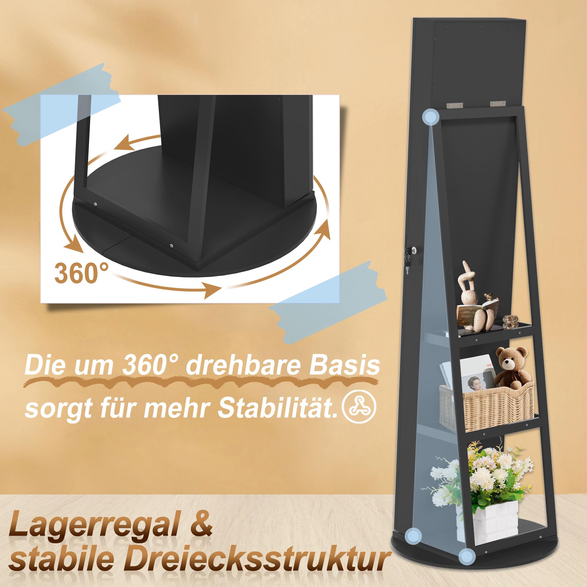 YRHome Szafka na biżuterię obracana o 360° z lustrem – szafka z lustrem, zamykana szafka na biżuterię z wewnętrznym lusterkiem do makijażu i kluczem – przechowywanie biżuterii, zegarków, pierścionków