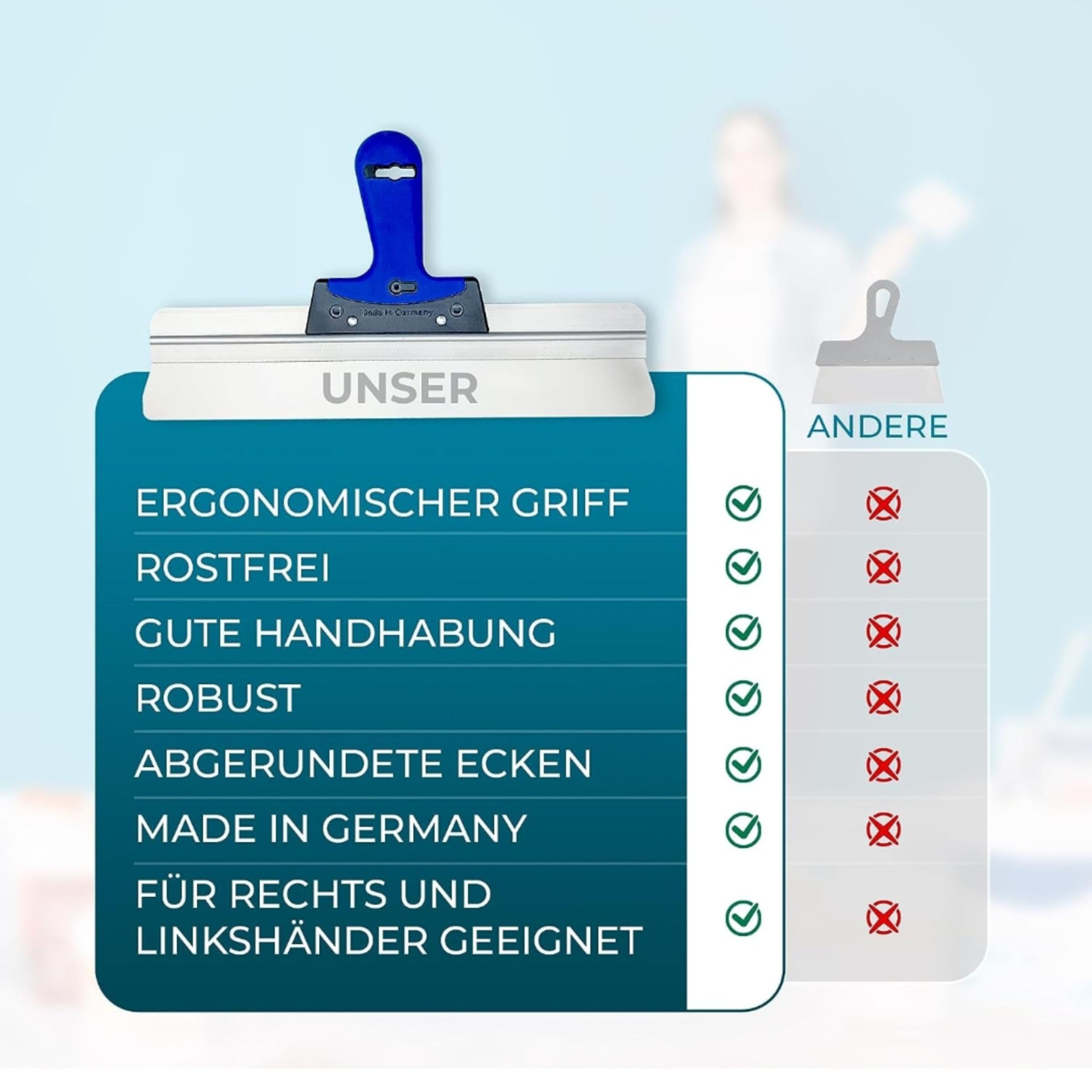 Made in Germany hochwertiges Flächenspachtel Set 25cm,40cm, 60cm zum Spachteln, Verputzen und Tapeten Entfernen, Trockenbauer Werkzeug mit Softgriff und abgerundeten Ecken (25,40,60cm)