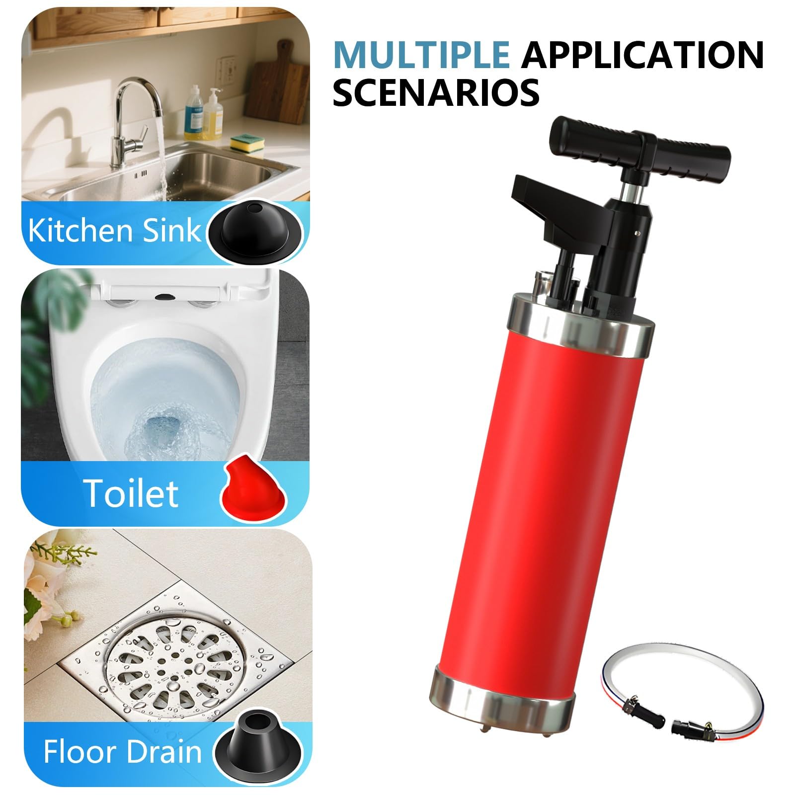 Desatascador Tuberias a Presión de Alta, Tuberías de Aire Comprimido de Alta Presión con Barómetro, para Desatascar del Inodoro, Lavabo, Bañera, Piso