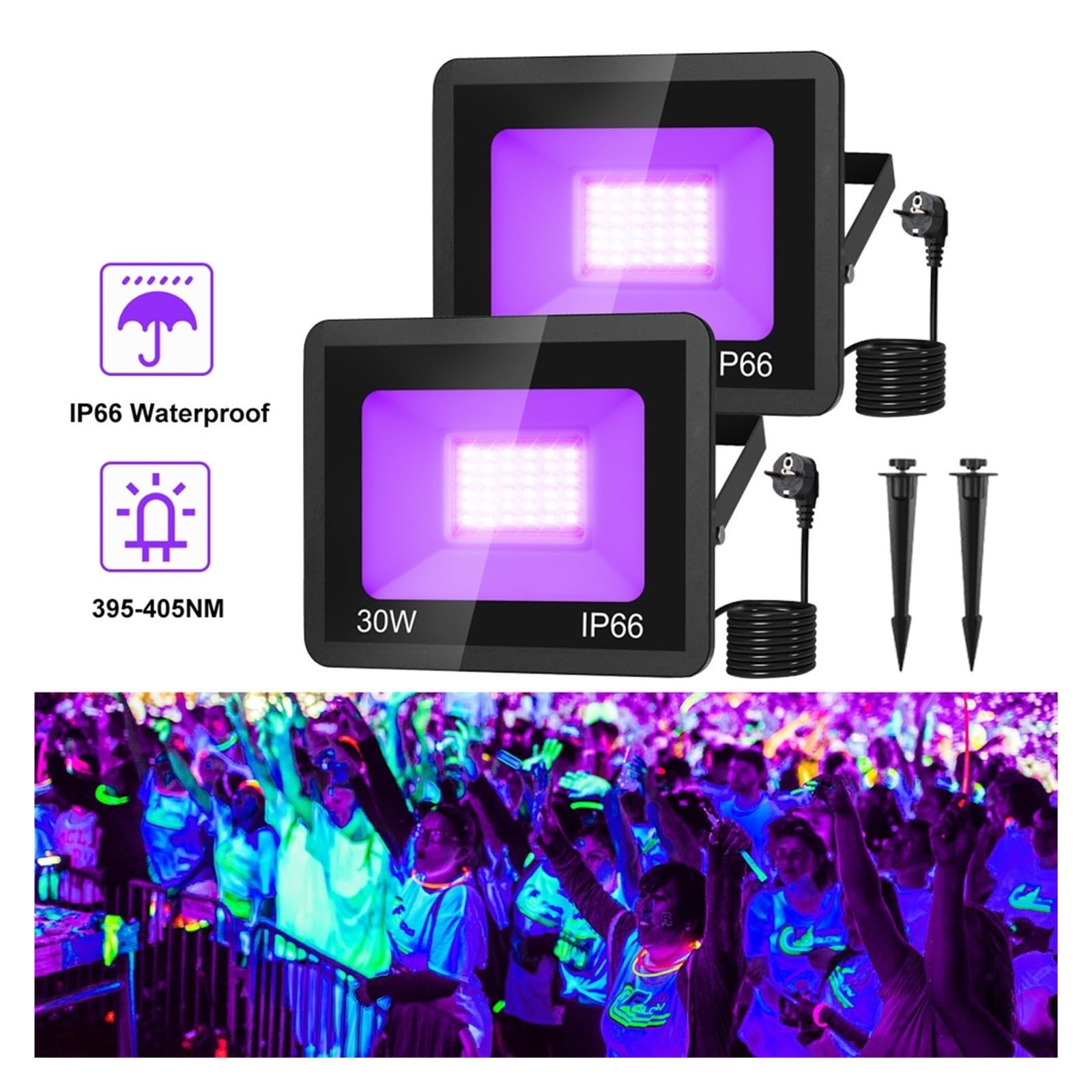 Naświetlacze LED, 2 Szt. 30W LED UV Czarne Światła IP66 Etap Blacklight Ultrafioletowe Światło Powodziowe Na Halloween Boże Narodzenie Taniec DJ Impreza Dyskotekowa Jasne światło Robocze