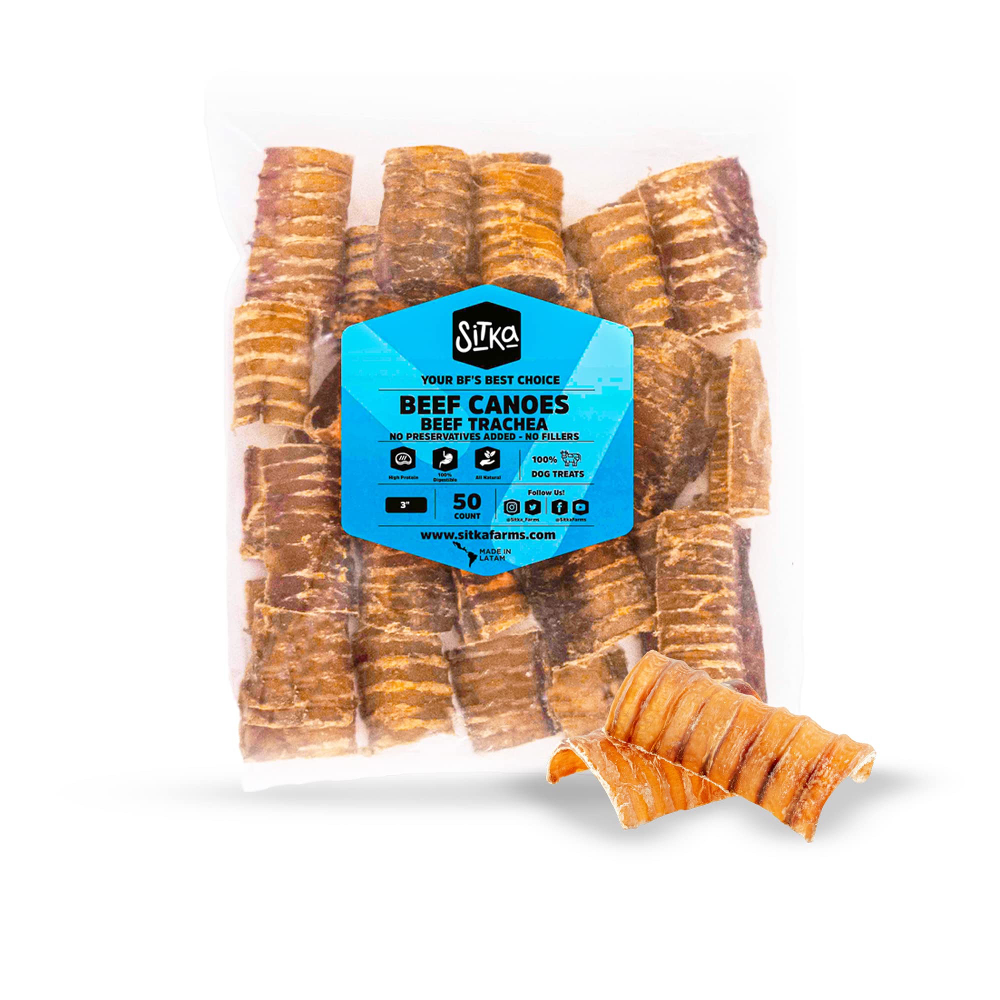 Sitka Farms Beef Trachea Canoes 3" Split Trachea - 50 Count - 100% Natural Single Ingredient - Rich in Glucosamine and Chondroitin - Healthy and Easy