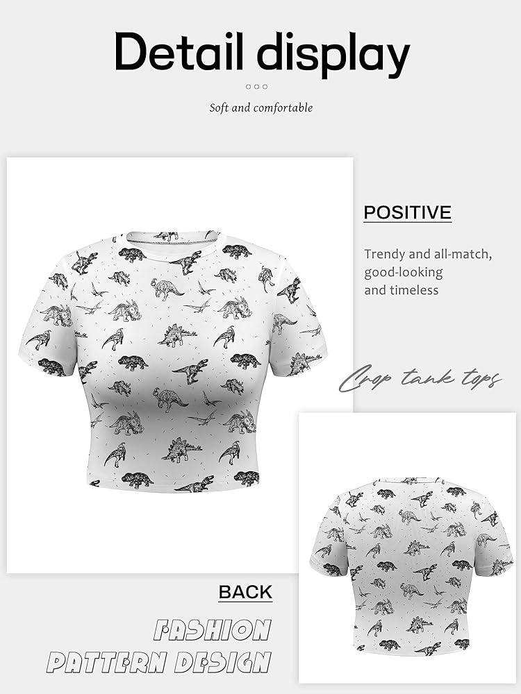OUNAR Women's Sexy Crop Tops Dinosaur Shirt Short Sleeve T