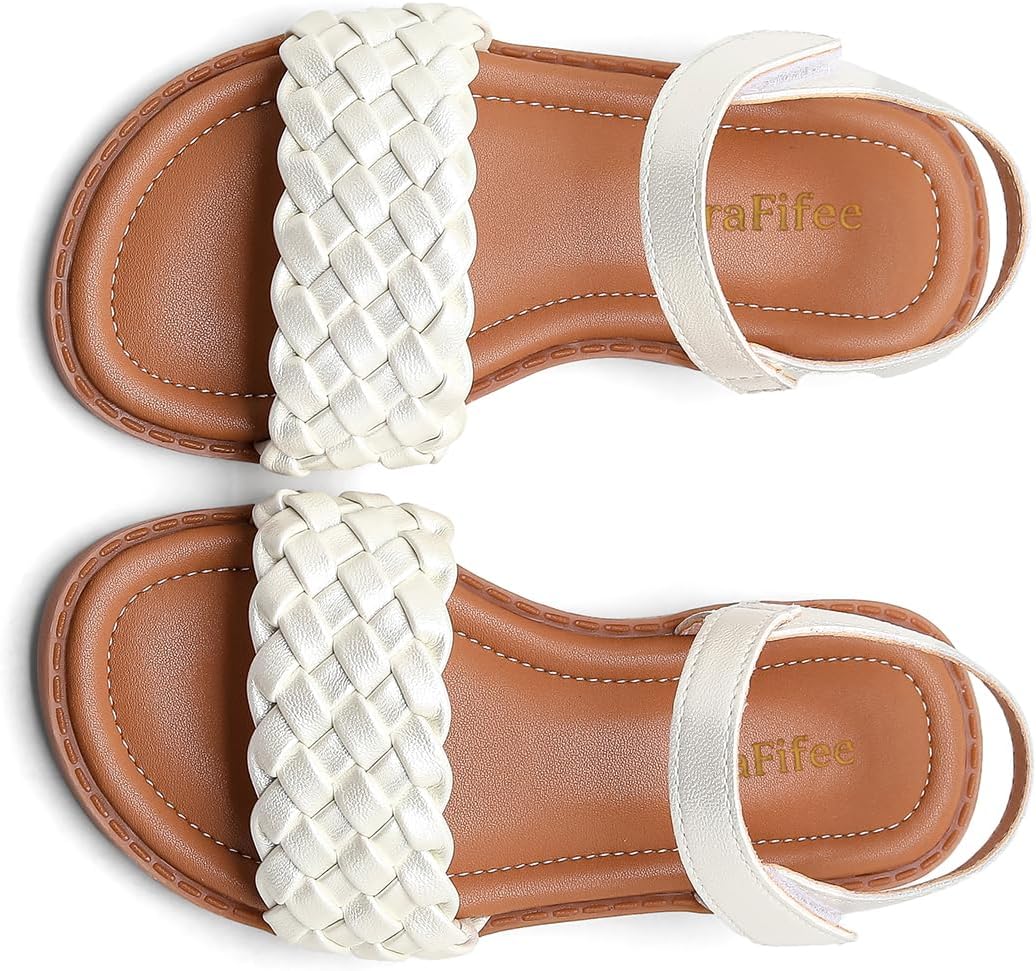 Girls' Flat Sandals, White, Rainbow Floral Detail, Open Toe, Hook and Loop Closure, Toddler/Little Kid/Big Kid