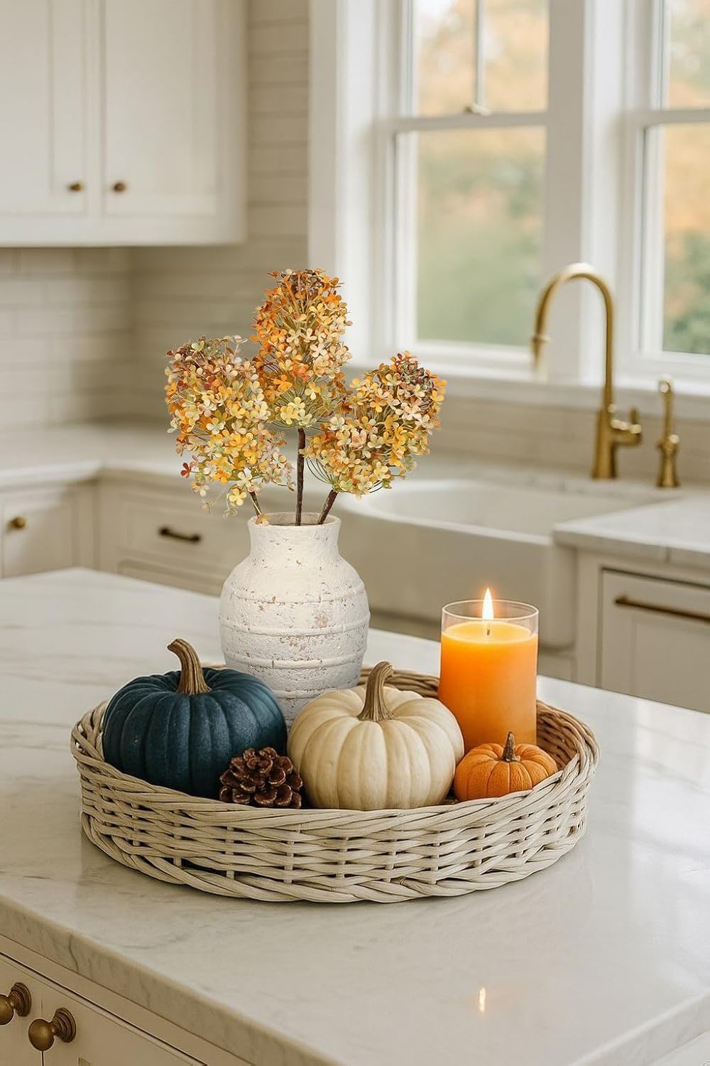 3 Pcs Hydrangea Artificial Flowers Bouquets for Fall Home Decor, 16" Faux Hydrangea Stems with Flower Seeds for Autumn Floral Arrangements Centerpiece & Wedding, Silk Fake Cone Blooms in Orange Yellow - Image 3