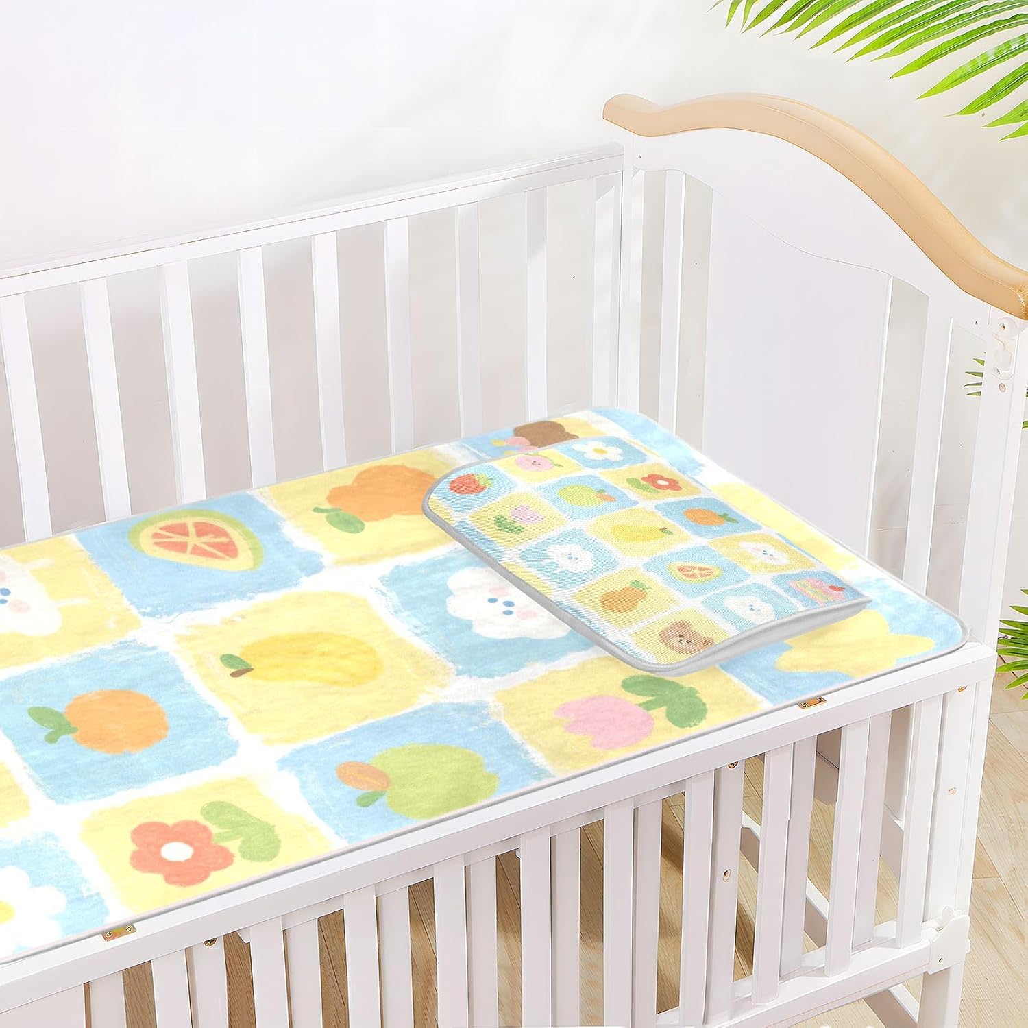 Yellow and Blue Bear Flower Check Pattern Cooling Baby Toddler Mattress 28" x 52" Absorbent Mattress pad Cover for Baby&Toddler