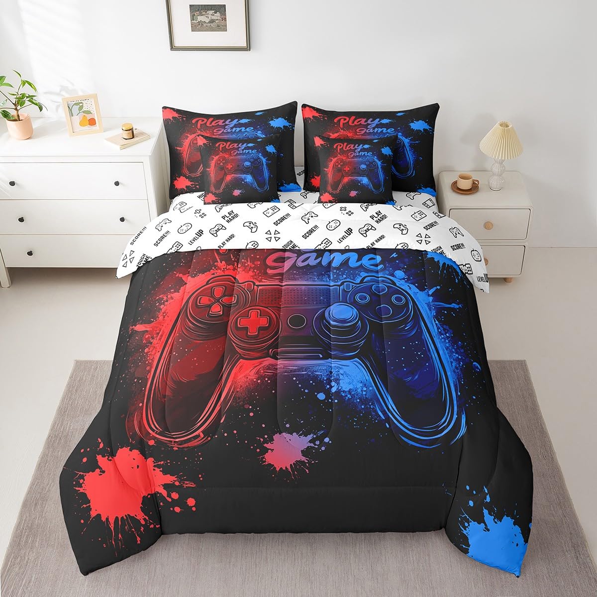 Ropa de cama infantil de 7 piezas tamaño matrimonial con edredón estampado graffiti multicolor