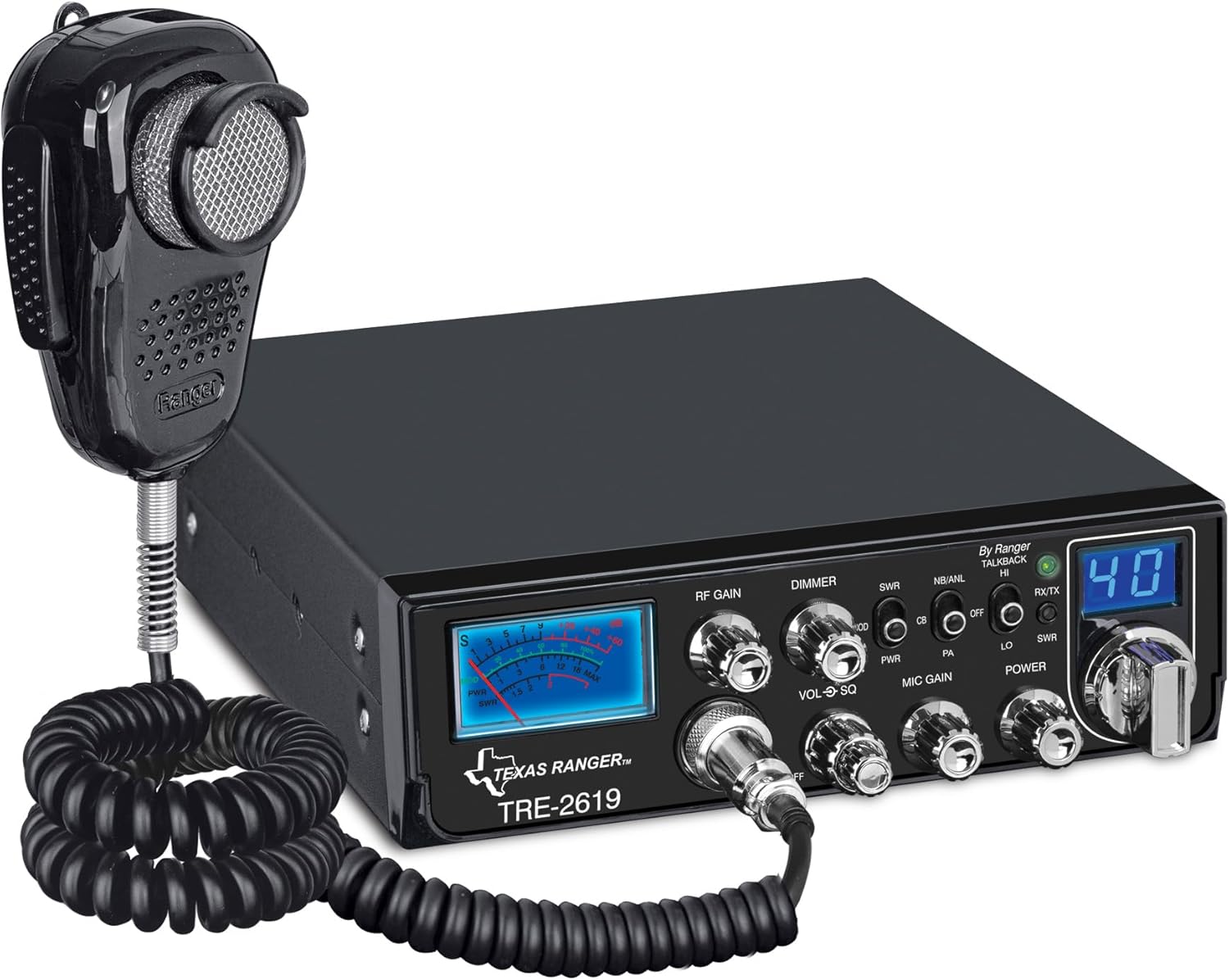 Texas Ranger TRE-2619 CB Mobile Radio 40 Channel AM TwoWay Radio Compact Trucker Design SRA-198NC Dynamic Noise Cancelling Mic Built-in SWR Bridge Talkback Hi/Lo Switch Variable Dimmer NB/ANL Filters