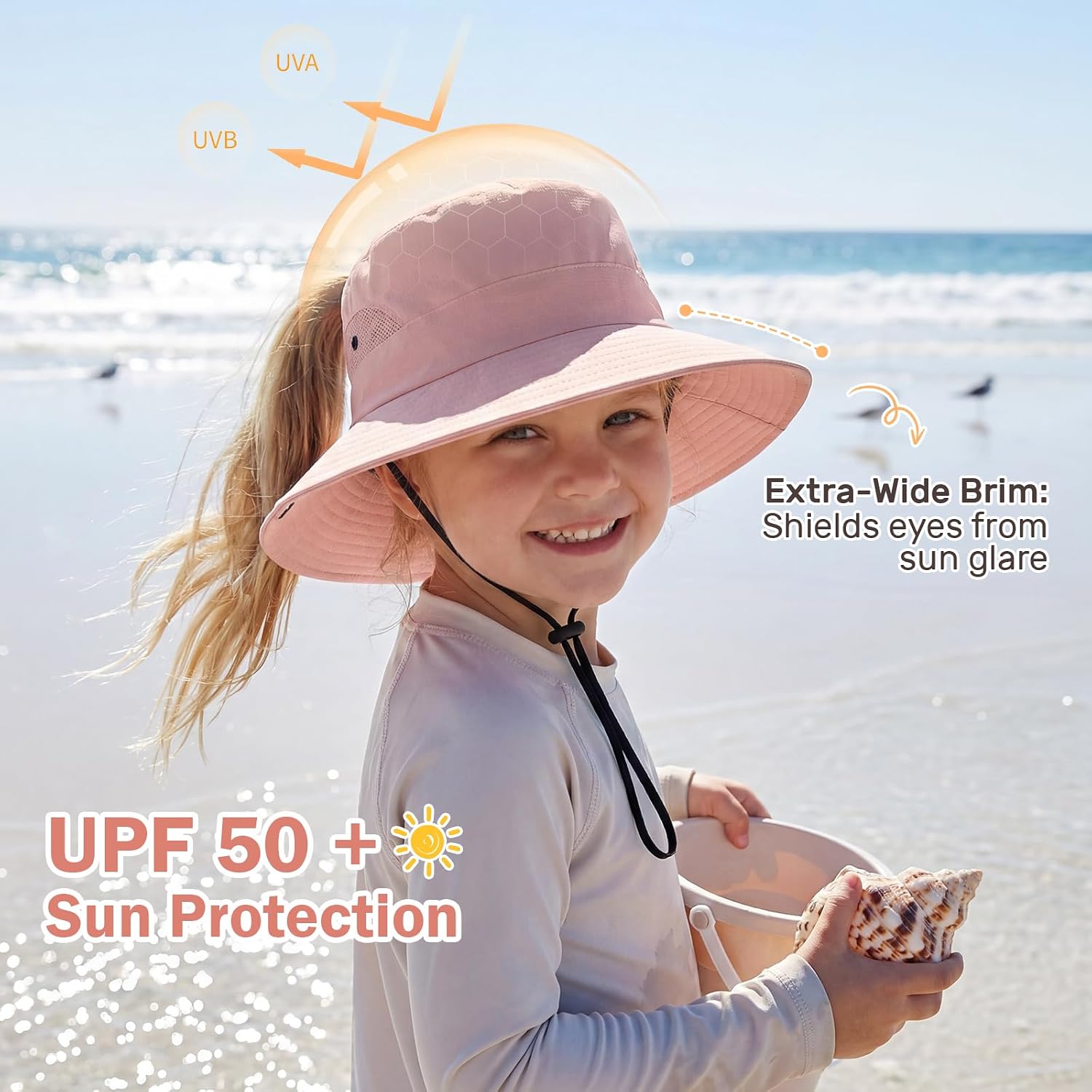 Cute Girls Sun Hat with Ponytail Hole- Wide Brim Full Face & Neck Shade,Quick Dry Pool Summer Beach Bucket Hats for Kids