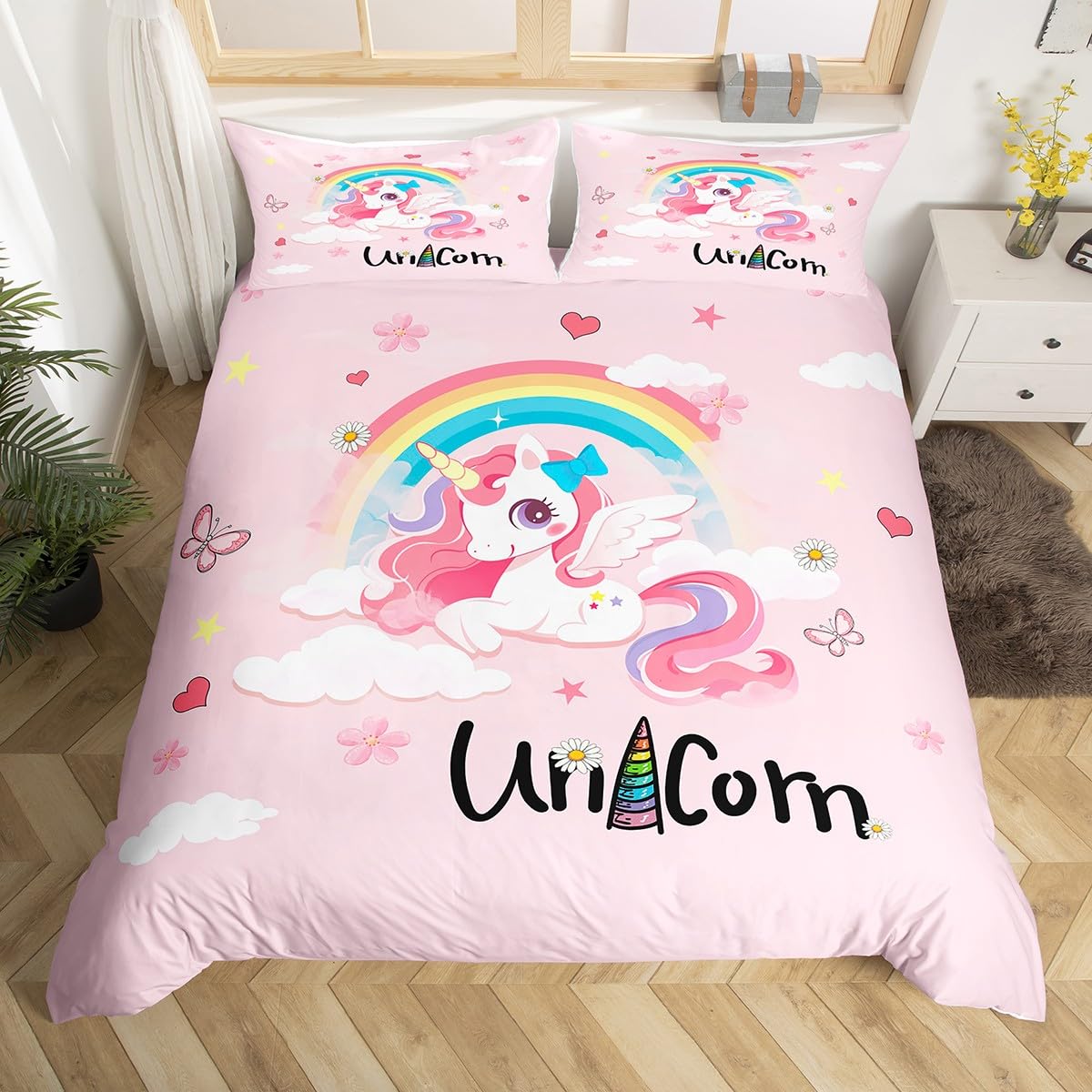 Homemissing Magic Unicorn Duvet Cover Set Cot Size For Kids Boys Girls Teens Cartoon Unicorn Bedding Set Cute Animal Floral Print Duvet Cover with 1 Pillowcase โ image 1