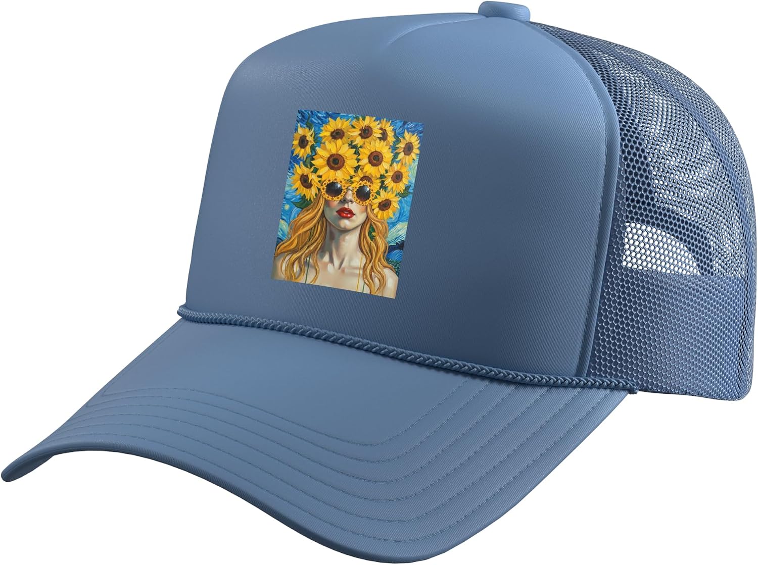 Beautiful Woman with Sunflower Head. Trucker Hat with Adjustable Mesh Back