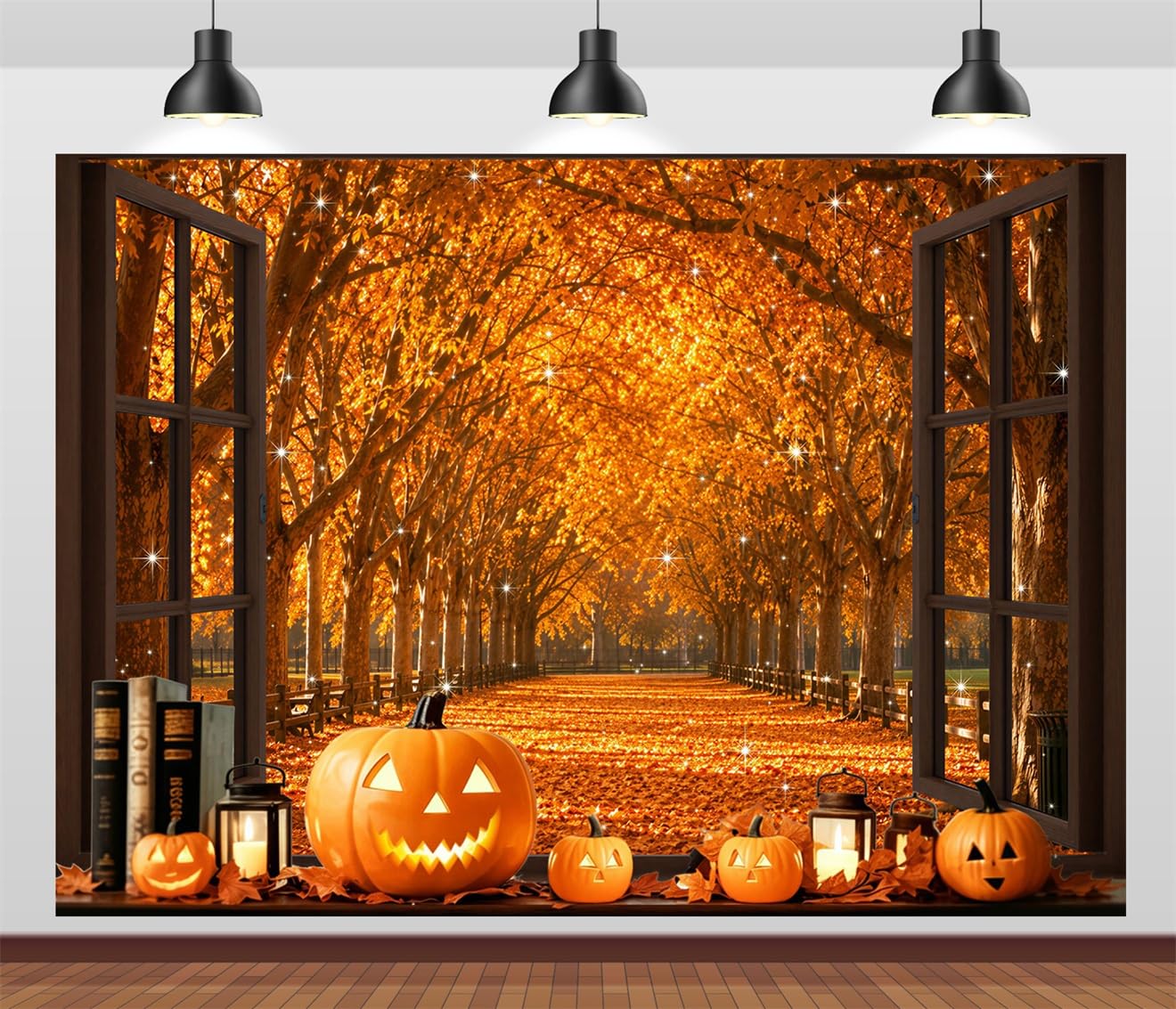 12x8FT (3.6x2.5m) Finestra Halloween Su Viale Autunnale Sfondo Fotografico | Vista Sul Bosco Illuminata Da Zucche Fondale In Tessuto,Cornici Scure Tunnel,Per Feste Halloween E Foto,Photo Booth