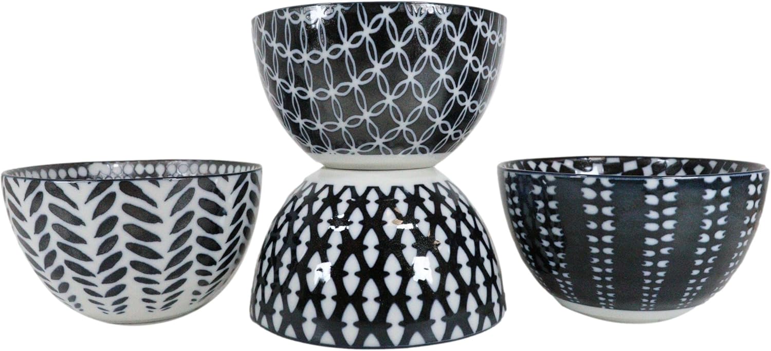 Ebros Gift Made In Japan Stylish Symmetry Contemporary Design 5" Diameter 16oz Porcelain Bowls Set Of 4 For Salad Ramen Pho Soup Cereal Home And Kitchen Decorative Bowl Gift Set (Blue Patterns)