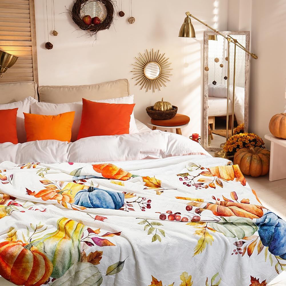 Fall Throw Blanket Autumn Pumpkins Blankets Watercolor Harvest Maple Leaves Bed Throw Soft Cozy Flannel Fleece Couch Cover Fuzzy Plush Gifts Blankets for Sofa Bed 60" X 80"