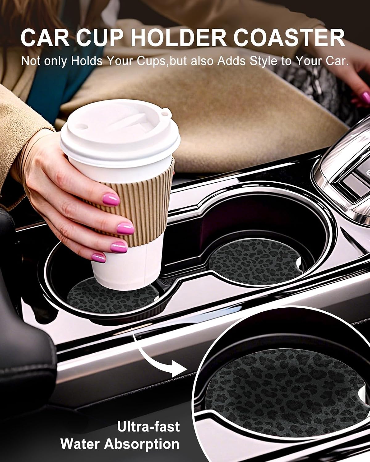 Swooflia Car Coasters for Women - Classic Black Leopard Car Cup Coasters Absorbent Cup Holder Coasters for Car 2 Pcs Ceramic Car Cupholder Coaster with Cork Base Car Interior Accessories