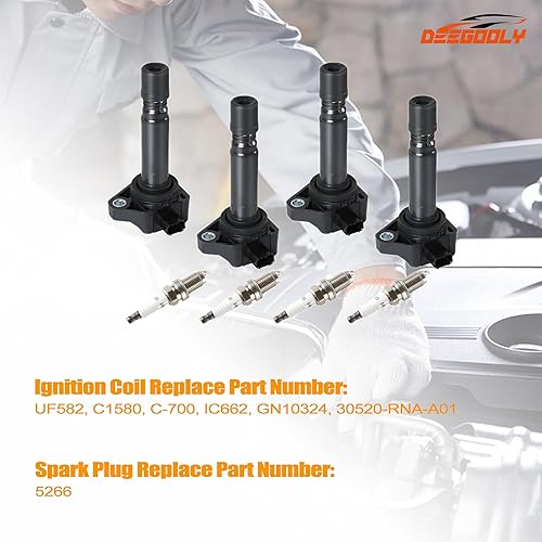 Miniatura 3 de Paquete de 4 bobinas de encendido UF-582 y bujías de iridio 5266 compatibles con Honda Civic 2006-2011 L4 1.8L Reemplazo #UF582, 30520RNAA01