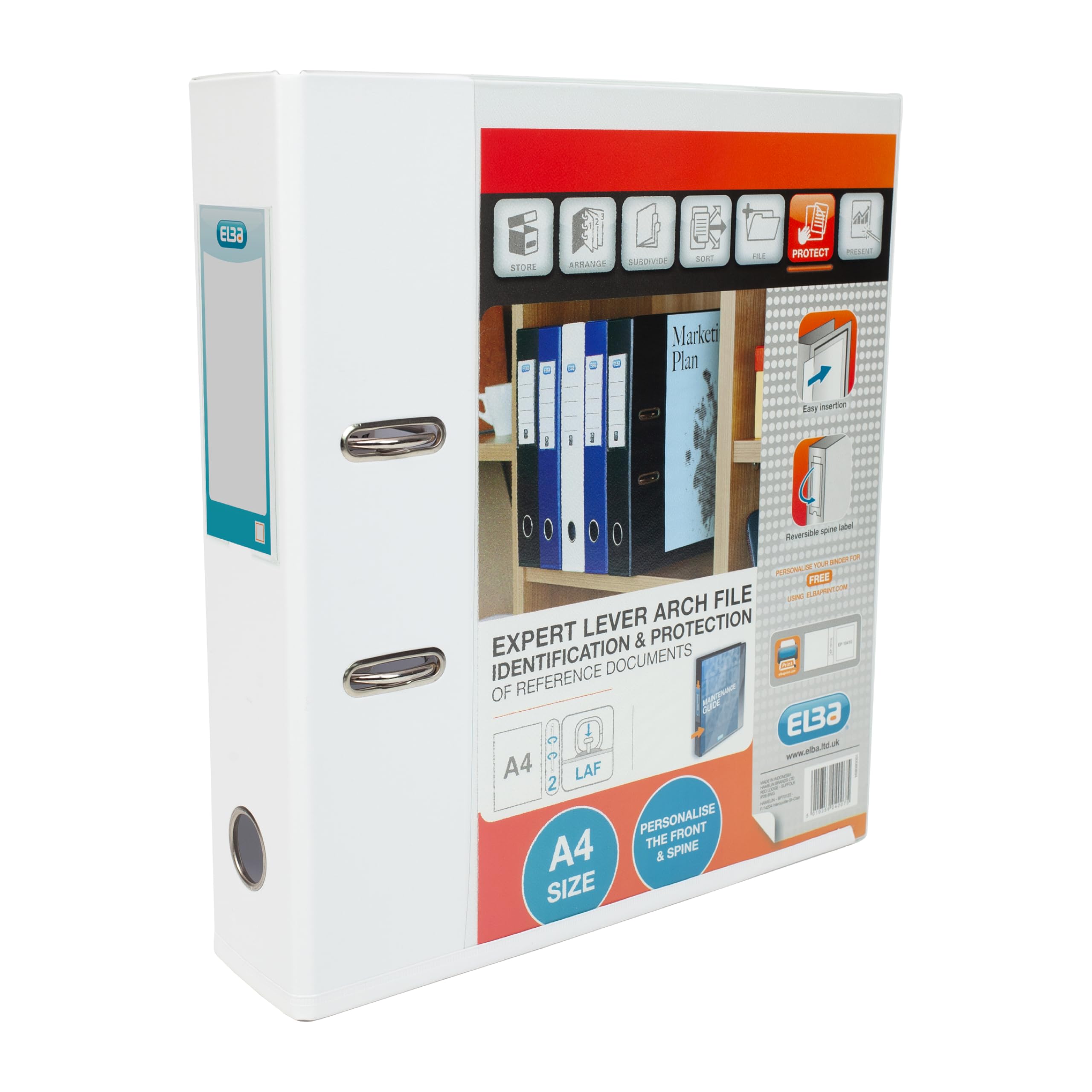Elba A4 Lever Arch File, 70mm spine, Presentation Folder with Customisable Cover, Portrait, White (Single)