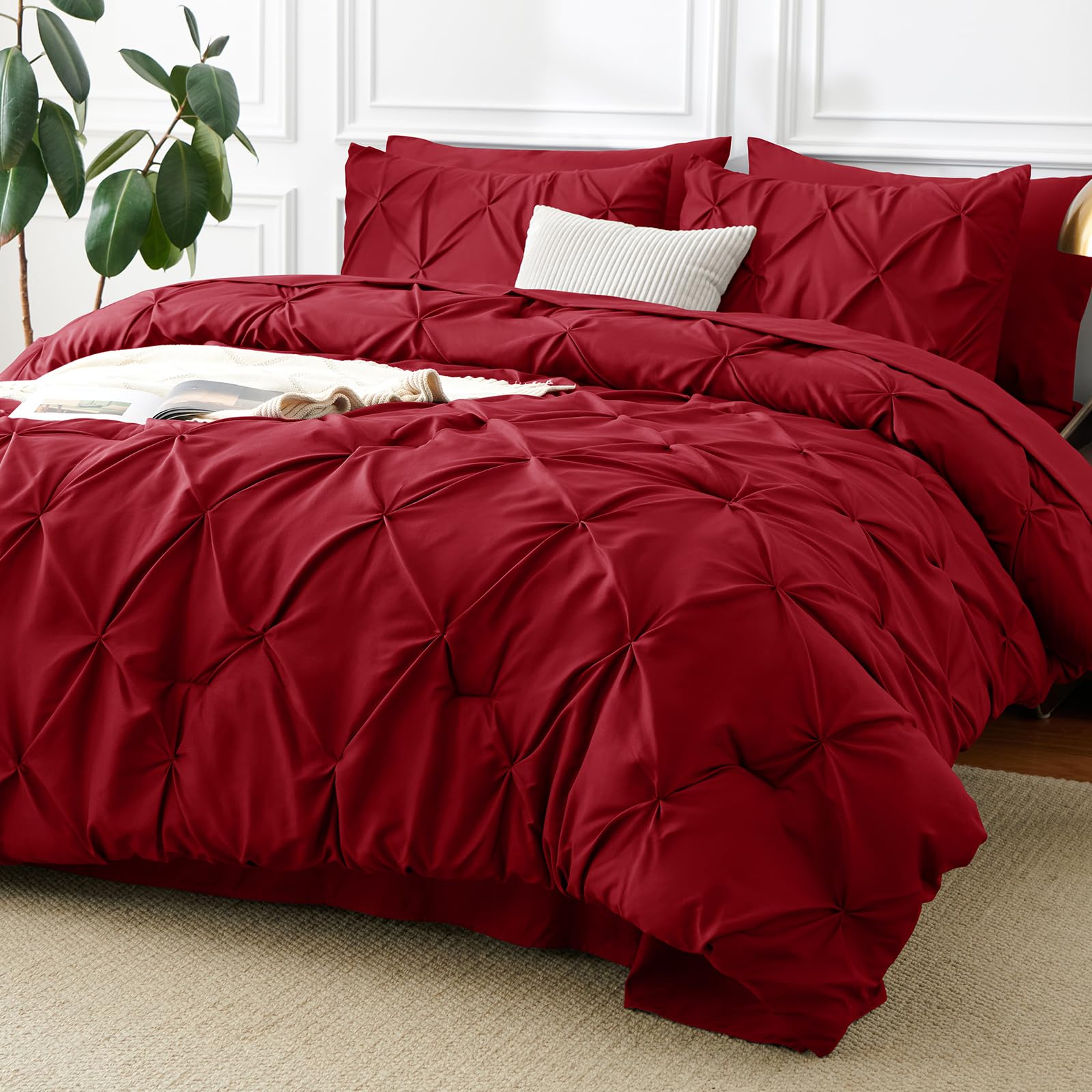 CozyLux King Size Comforter Set Dark Red, 7 Pieces Pintuck Bed in A Bag Red Comforter King Size, Pinch Pleat Bedding Set with All Season Comforter, Sheets, Pillowcases & Shams