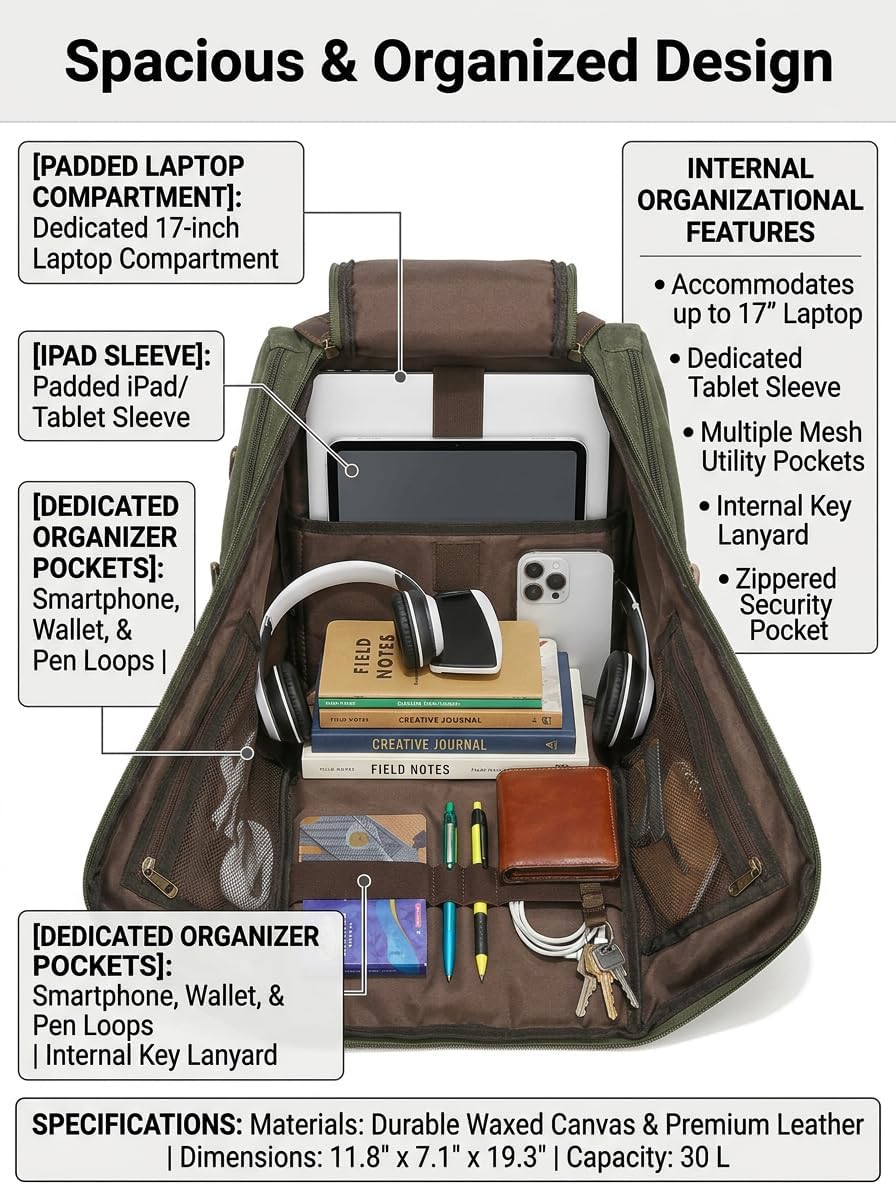 Heavy-Duty Waxed Canvas Backpack for Men, 17 Inch Laptop Rucksack with Genuine Leather, Multi-Pocket Travel Bag for Work, Hiking, and Camping image 3