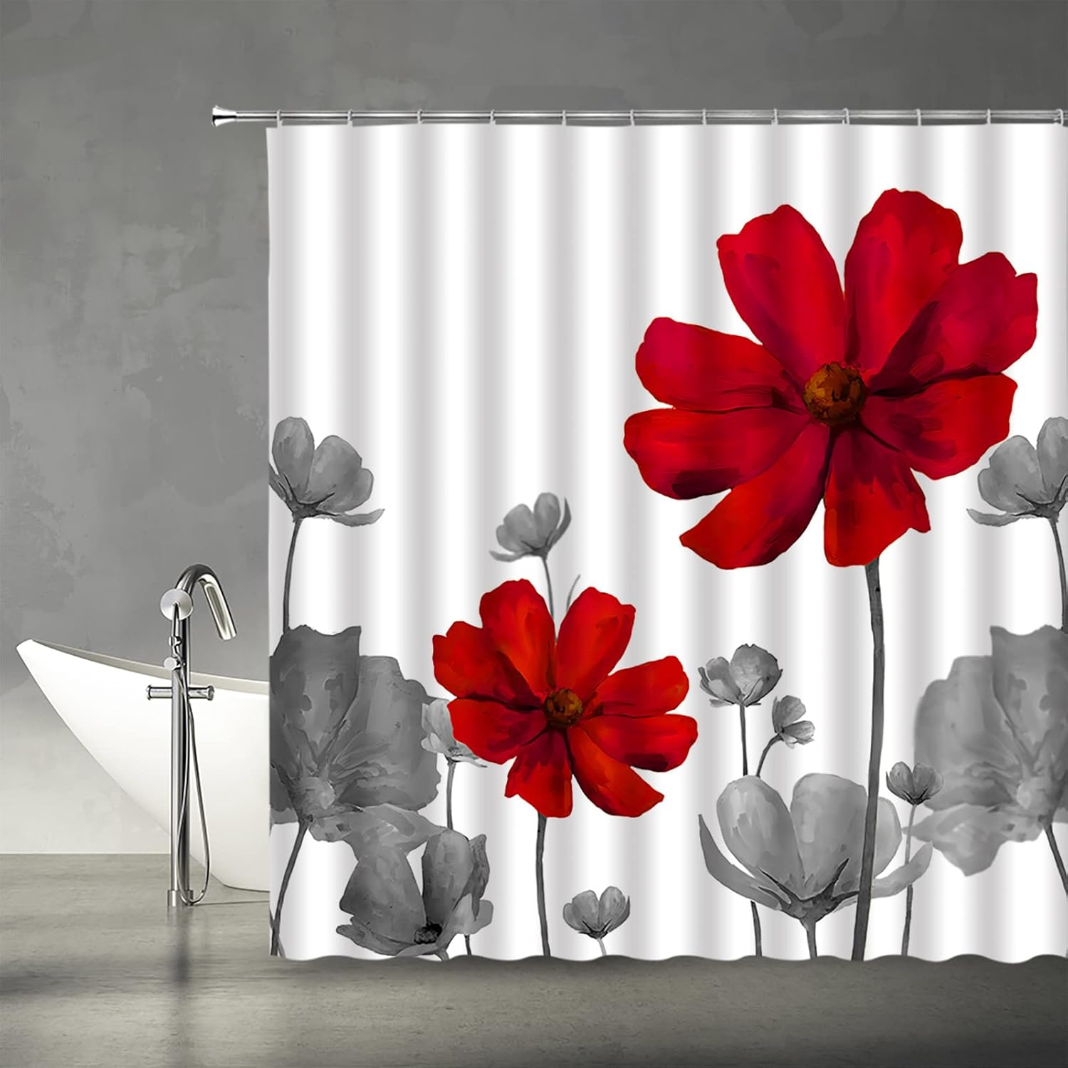 Red Grey Flower Shower Curtain Retro Floral Vintage Simple Elegant Abstract Flower Fabric Bathroom Curtains Decor Set with Hook (70" Wx74.8 H)