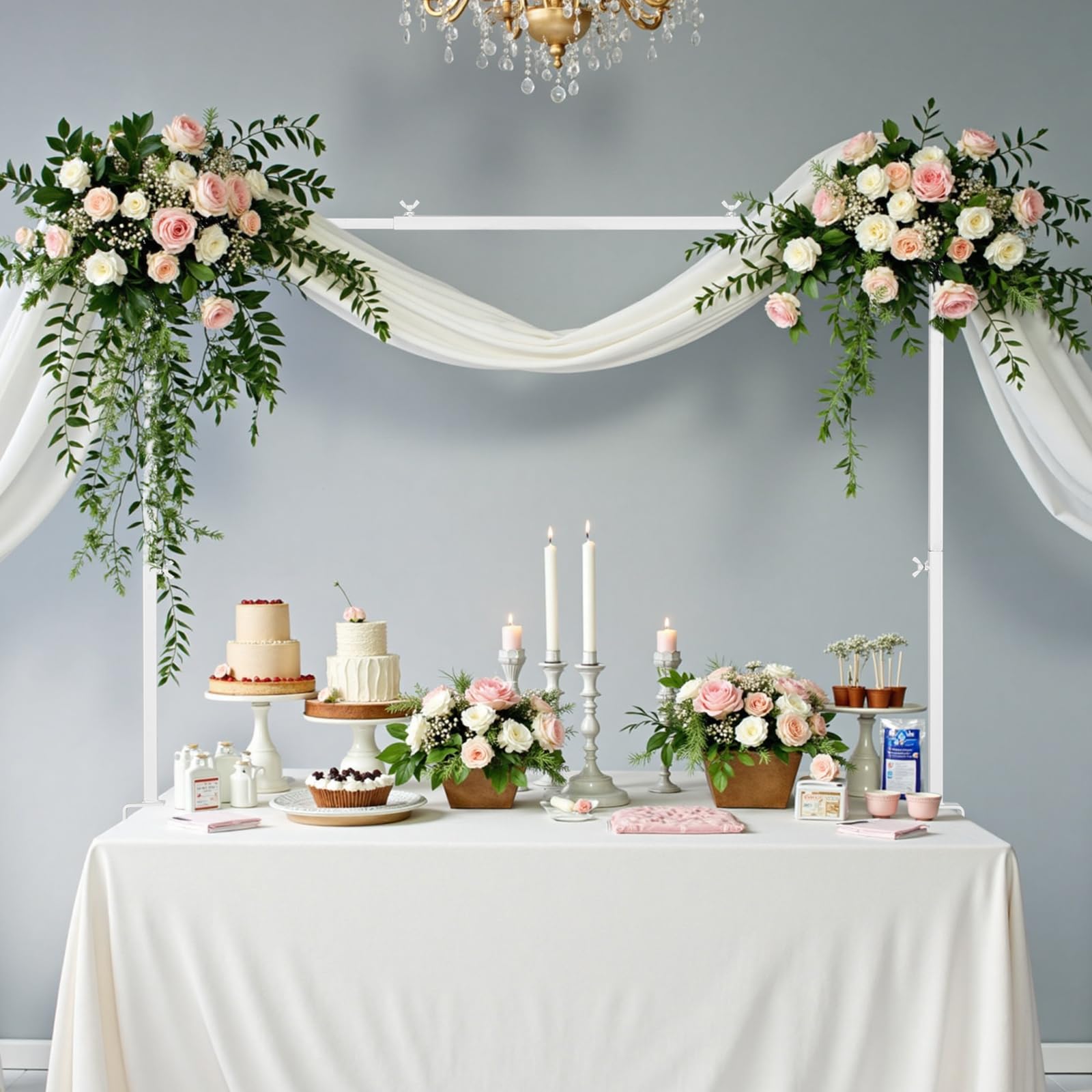 VEVOR Support Tige de Table avec Pinces, Support Arche de Table, Hauteur Réglable 330-1066,8 mm Longueur Réglable 711,2-2489,2 mm, Cadre Arche Métal, pour Déco de Mariage, Anniversaire, Noël, Blanc