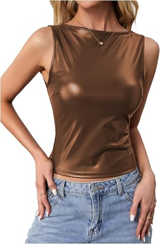 winkbay Women's Sleeveless Leather Tank Tops Boat Neck Ruched Slim Fit Party Clu
