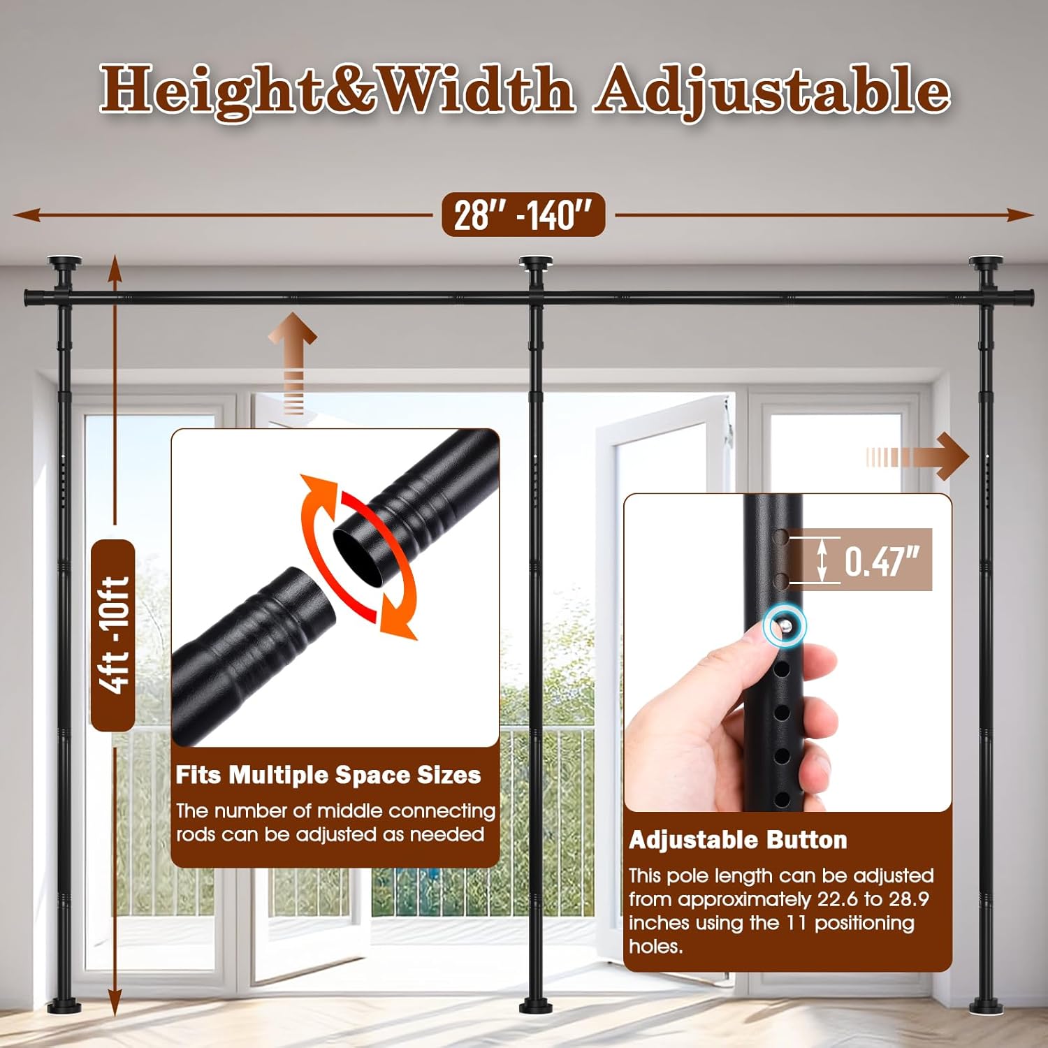Room Divider No Drilling, 28-140 Inch Wide Adjustable Curtain Rod, 4-10ft Height Heavy Duty Partition Space Separator, Freestanding Tension Rod for Room Separation, Black