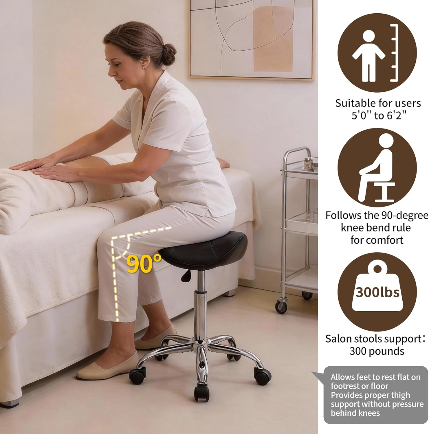 Saddle Stool, Swivel Saddle Stools with Wheels, Adjustable Rolling Stool 18"-26", Faux Leather Rolling Saddle Stool for Salon, Massage, Clinic, Lab, Office (Black, 1PCS (18"-26")) - Image 4