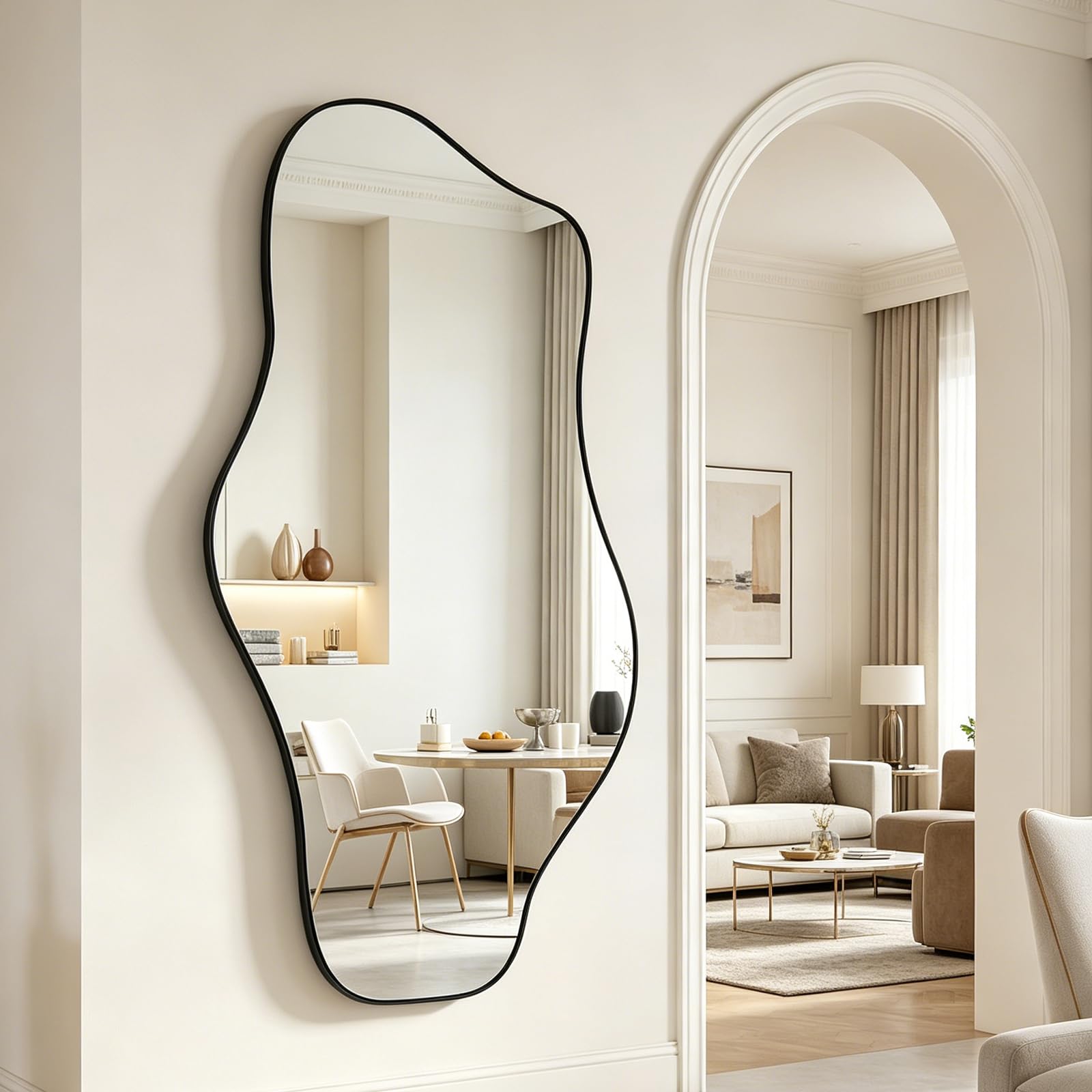Photo 1 of * FACTORY SEALED ** DAOYIJIAJU Large Irregular Mirror, 63"x29" Asymmetrical Aesthetic Wall Mirror with Black Metal Frame, Modern Organic Shape Mirror for Living Room Hallway Entryway, Horizontal or Vertical Wall Hanging