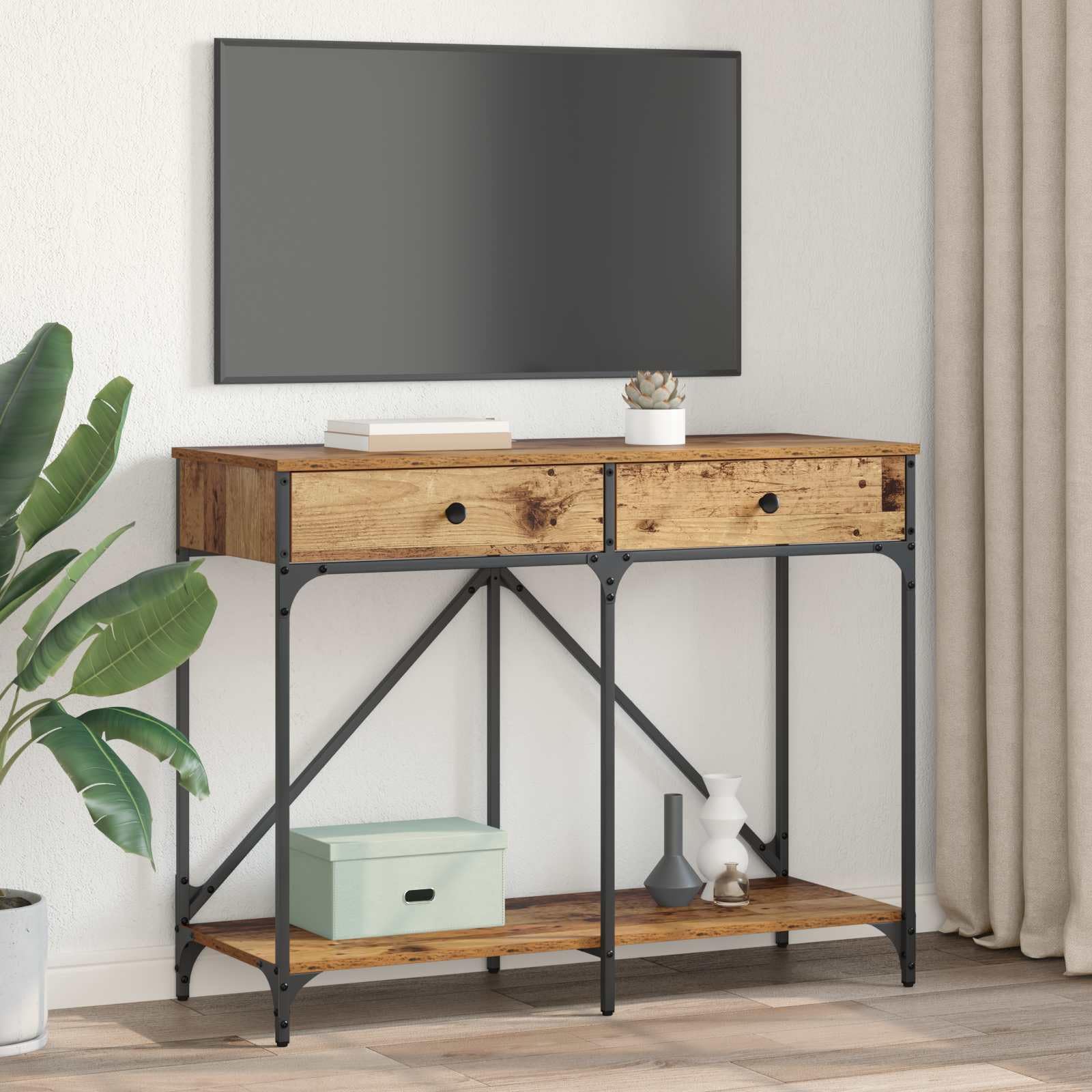 Générique Inżynieria drewniana konsola stołowa 100 x 39 x 78,5 cm | Z szufladami, matowa metalowa rama, przestronne półki, do przedpokoju lub wejścia