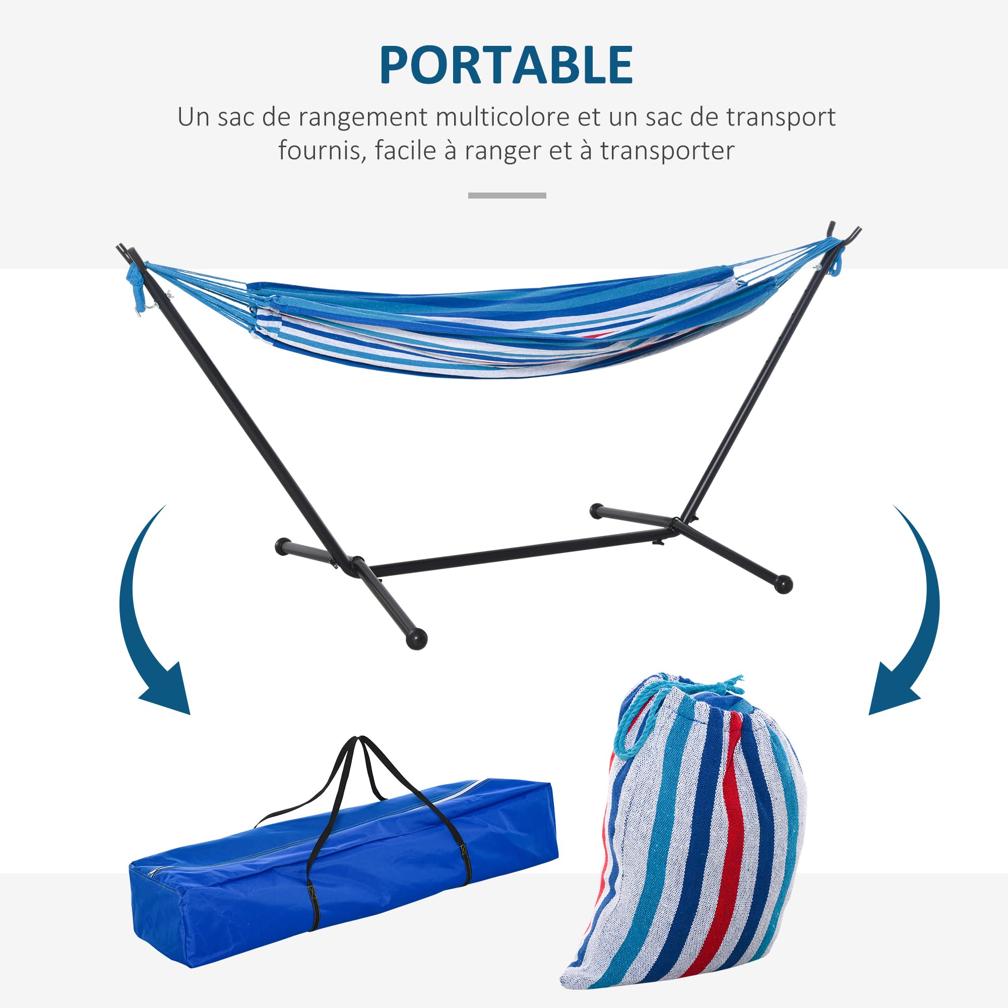 Outsunny Hamac de Jardin avec Support en métal époxy hamac sur Pied 1 Place Charge Max. 120 Kg Sac Transport Bleu Blanc