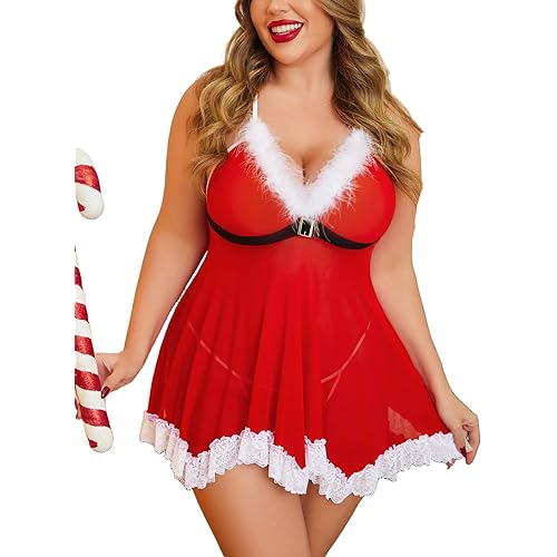 Avidlove Womens Plus Size Christmas Lingerie Set Santa Chemises Babydoll Mesh Nightwear