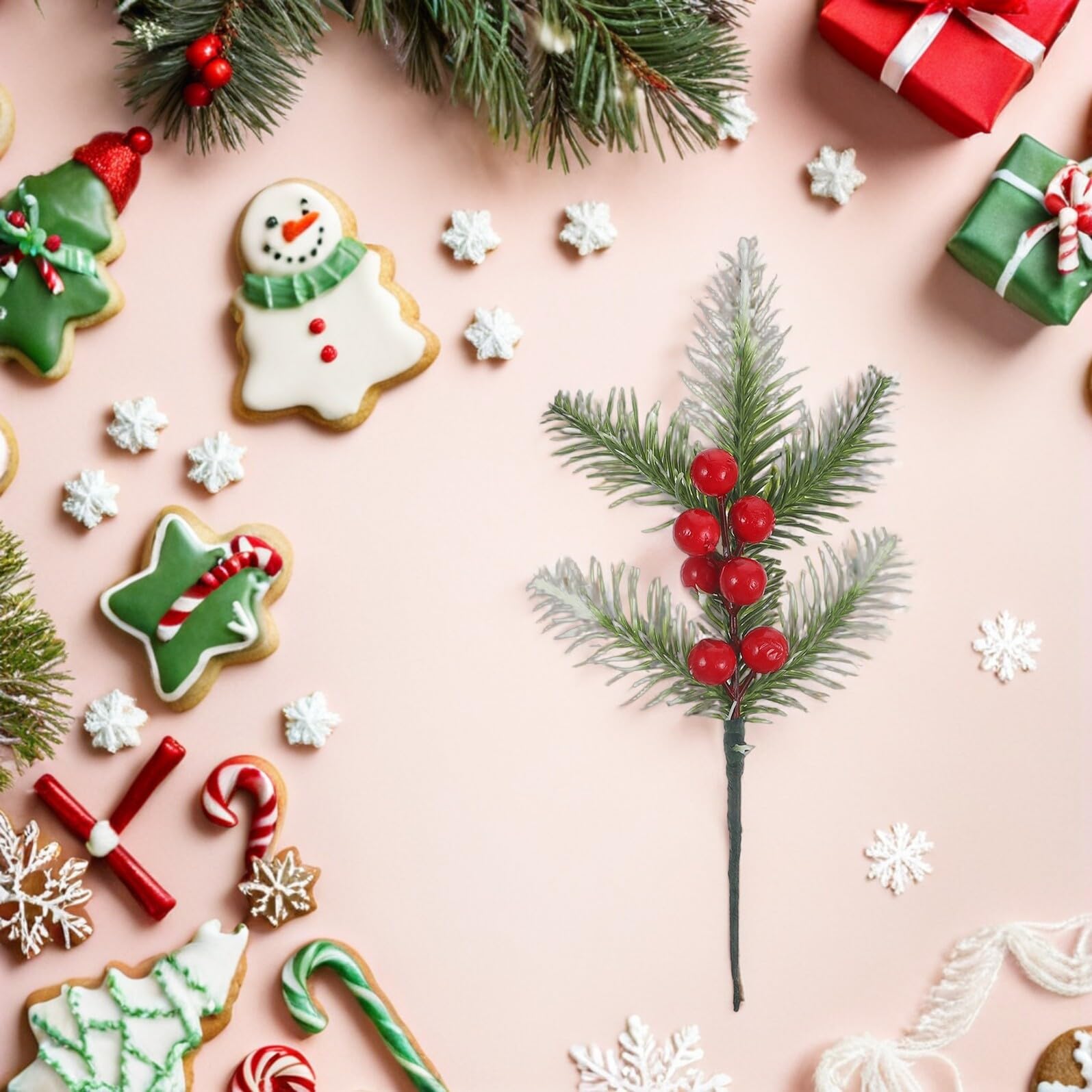 Toyvian 20piezas Ramas De Pino Navideñas Artificiales Bayas Falsas Decoración De Navideña para Arreglos y Centros De Mesa De Invierno