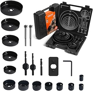 KENDO Hole Saw Set, 23Pcs Hole Saw Kit with 3/4" to 6" (19mm-152mm) Saw Blades, Mandrels, Drill Bits, Installation Plate, Hex Key, Ideal for Soft Wood, Plastic, PVC Board, Drywall with Storage Case