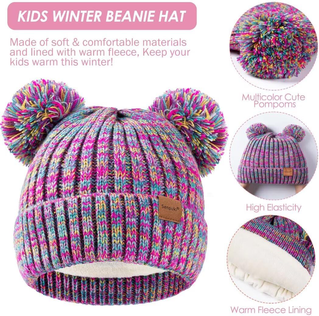 Kids Winter Hat Gloves Scarf Set, Girls Toddler Children Beanie with Pom Knit Neck Warmer Gaiter Mittens Fleece Lined Set - Image 3