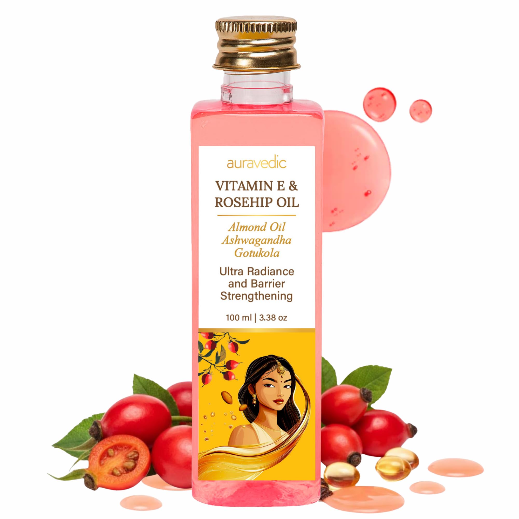 Auravedic Rosehip Oil Vitamin E Oil for Face Bodyoil After Bath For Daily Use with Olive Jojoba Orange Oil & Almond Oils For Soft Glowing Nourished Youthful Skin– 100ml