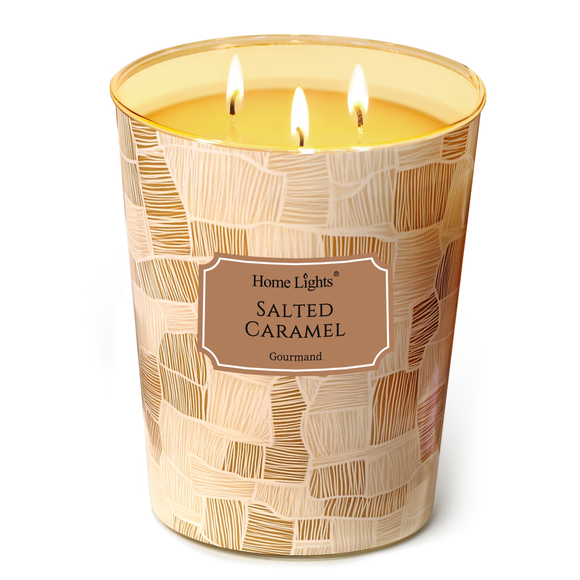 Home Lights Large jar Candle, 3-Wick Long-Lasting Scented Candles, 34oz Natural Soy Wax Candle for Home Scented, Rustic Modern Gifts for Women &amp; Men, Salted Caramel