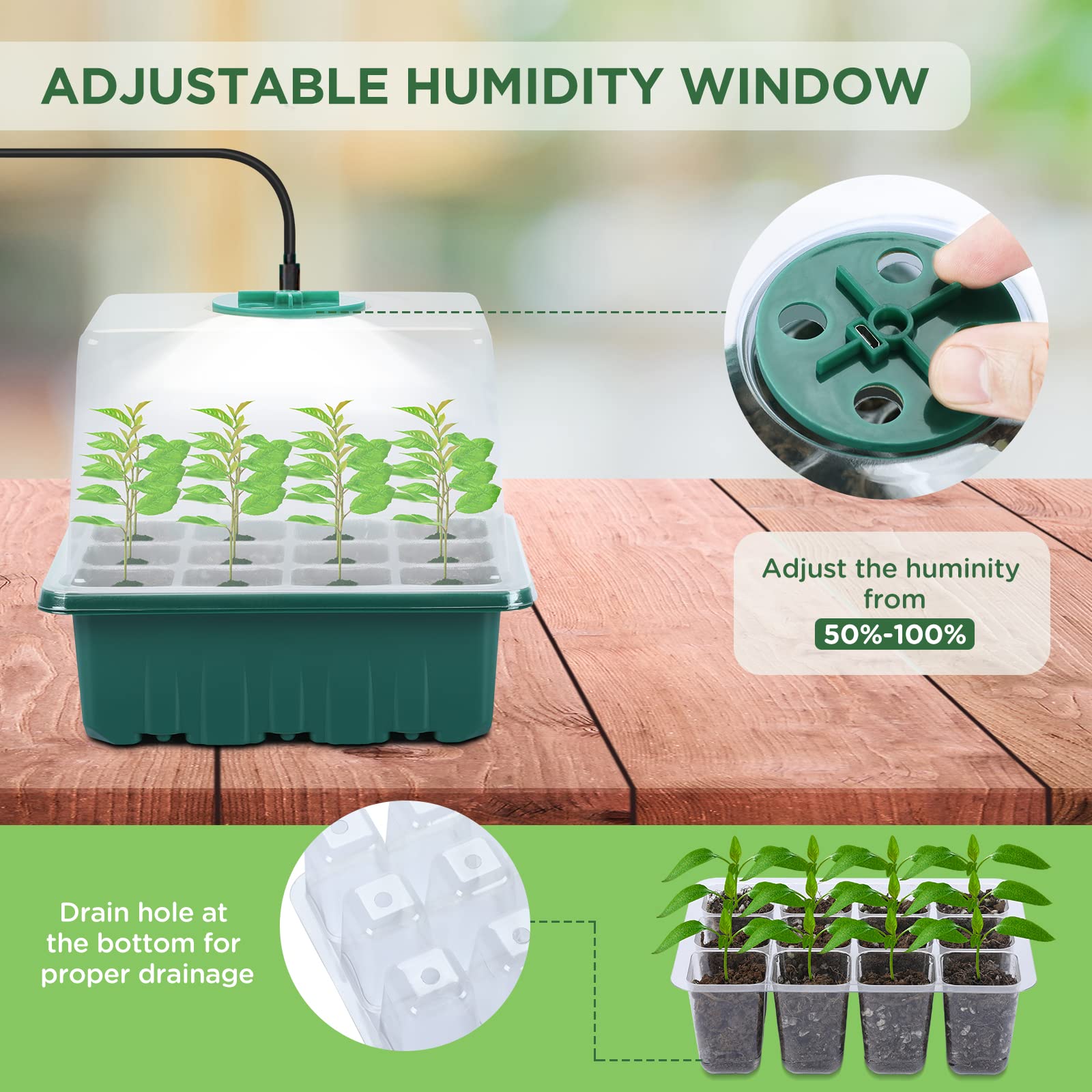 Lot de 7 kits de démarrage de graines avec lampe de croissance (12 cellules par plateau), plateaux de germination des plantes avec humidité réglable, plateaux de semis avec plateaux de base
